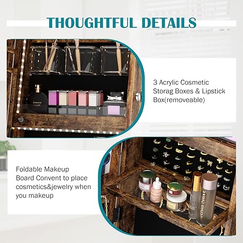 Miniatura 6 de SDHYL Armario de joyería con espejo, espejo de longitud completa con almacenamiento, armario de joyería de pie con cerradura con espejo integrado y