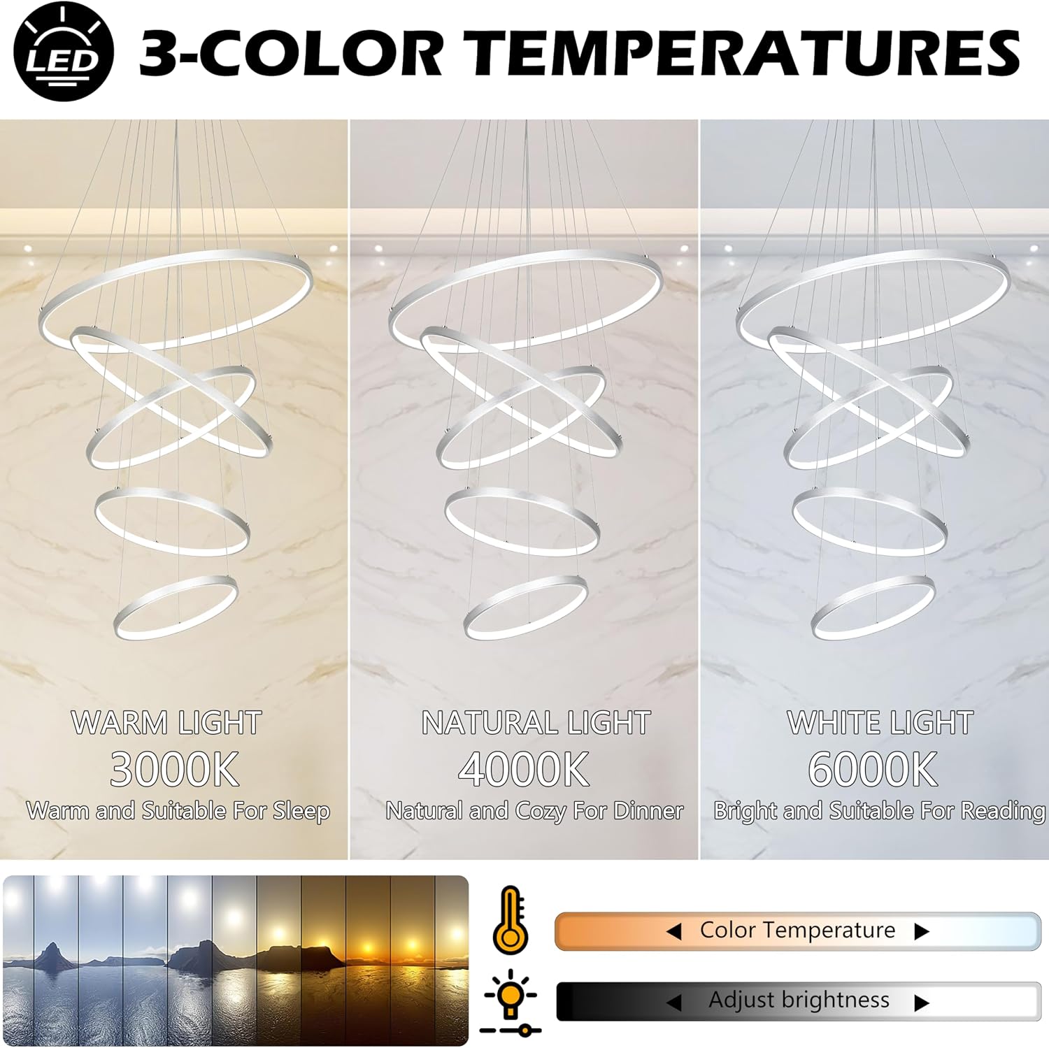 23.6" 5 Rings Modern Nickel Led Chandeliers Dimmable LED Chandelier Light Fixture for Kitchen Island Height Adjustable Led Chandelier for High Ceiling Living Room Entryway Staircase