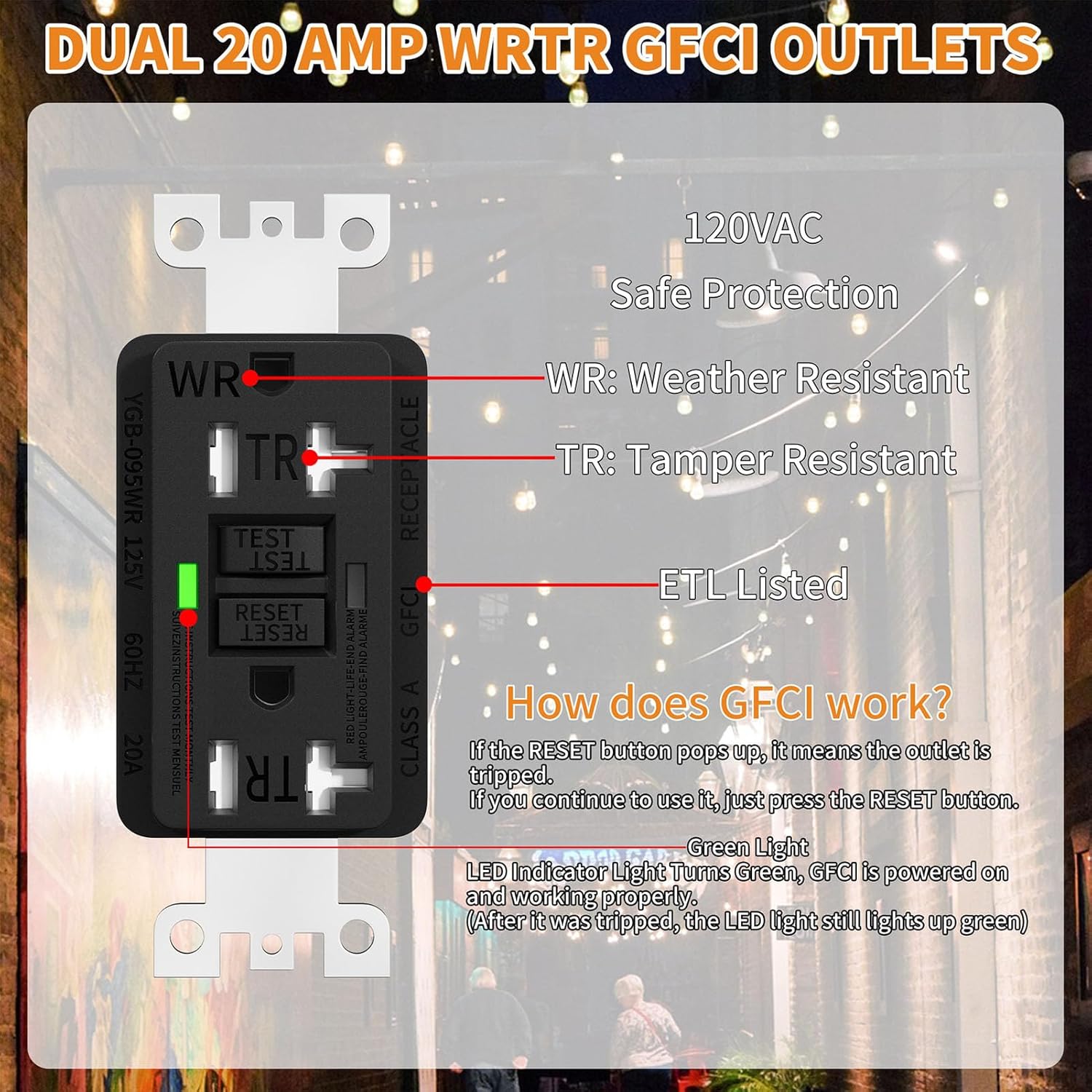 Hilitand Outdoor Outlet Box, 20AMP WR TR GFCI Double Outlets Carbon Steel Electrical Box with Lock Hole and Indicator Light, for Outdoor Power Supply Home Camping Public Charging