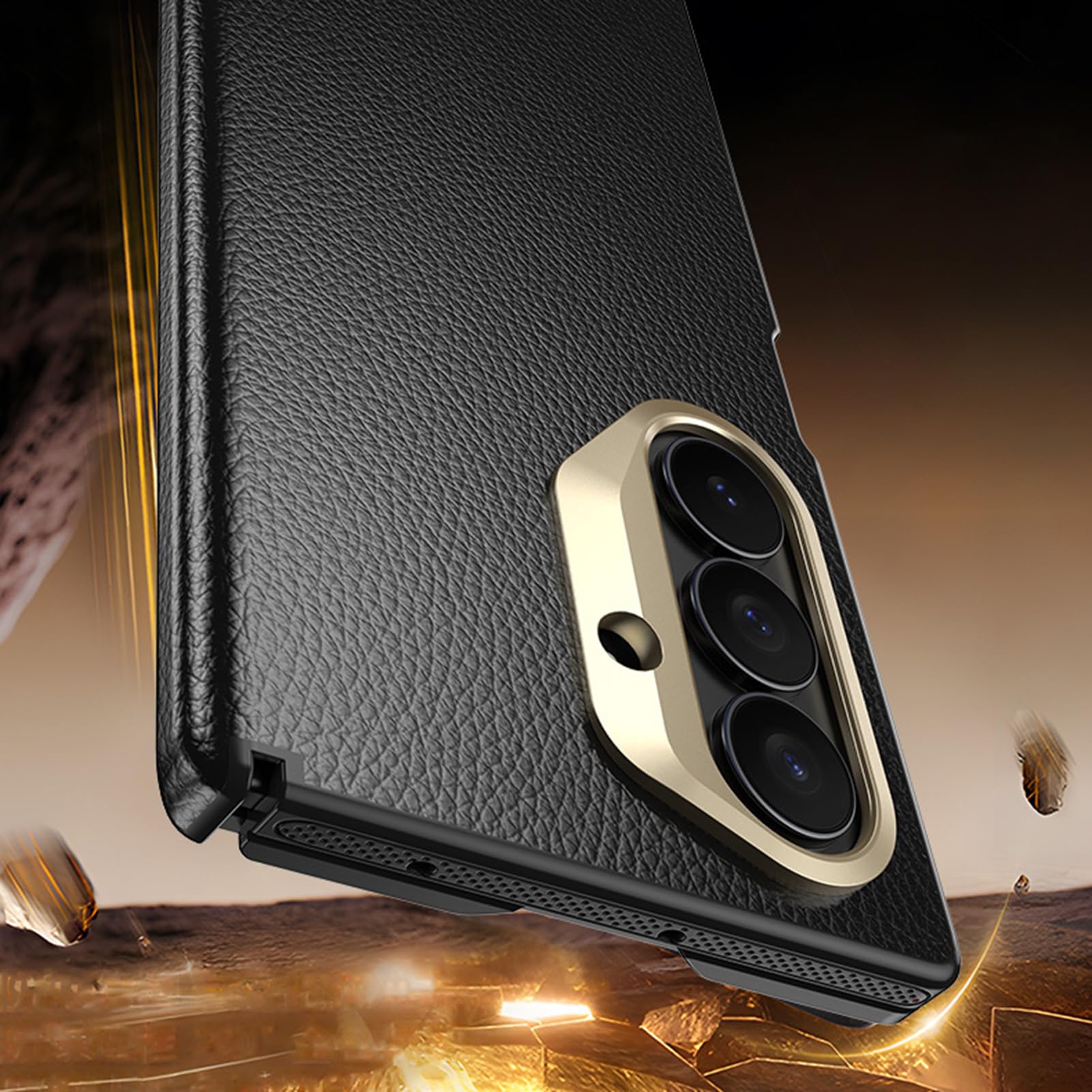 Custodia Magnetica Per Samsung Galaxy Z Fold 8, Pelle, Cerniera, Slim | Pelle fiore minimalista con protezione cerniera. Antishock, antimpronta, carica wireless(Black)