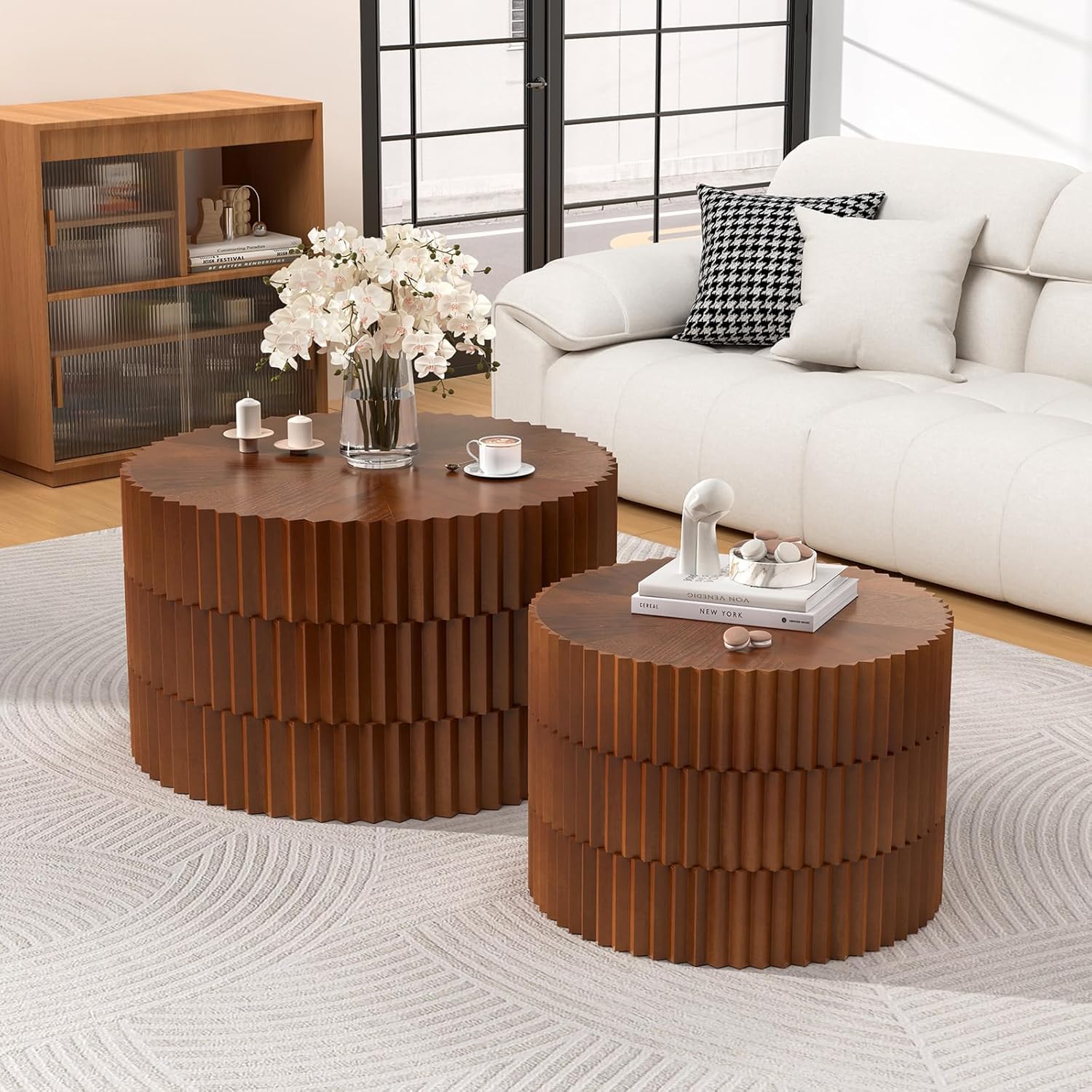 Round Nesting Coffee Tables Set of 2 Modern Circle Nesting Tables Sturdy Stacking Table Wood Minimalist Center Table Drum Fluted End Tables for Living Room Bedside (Black 18.9"+14.96")