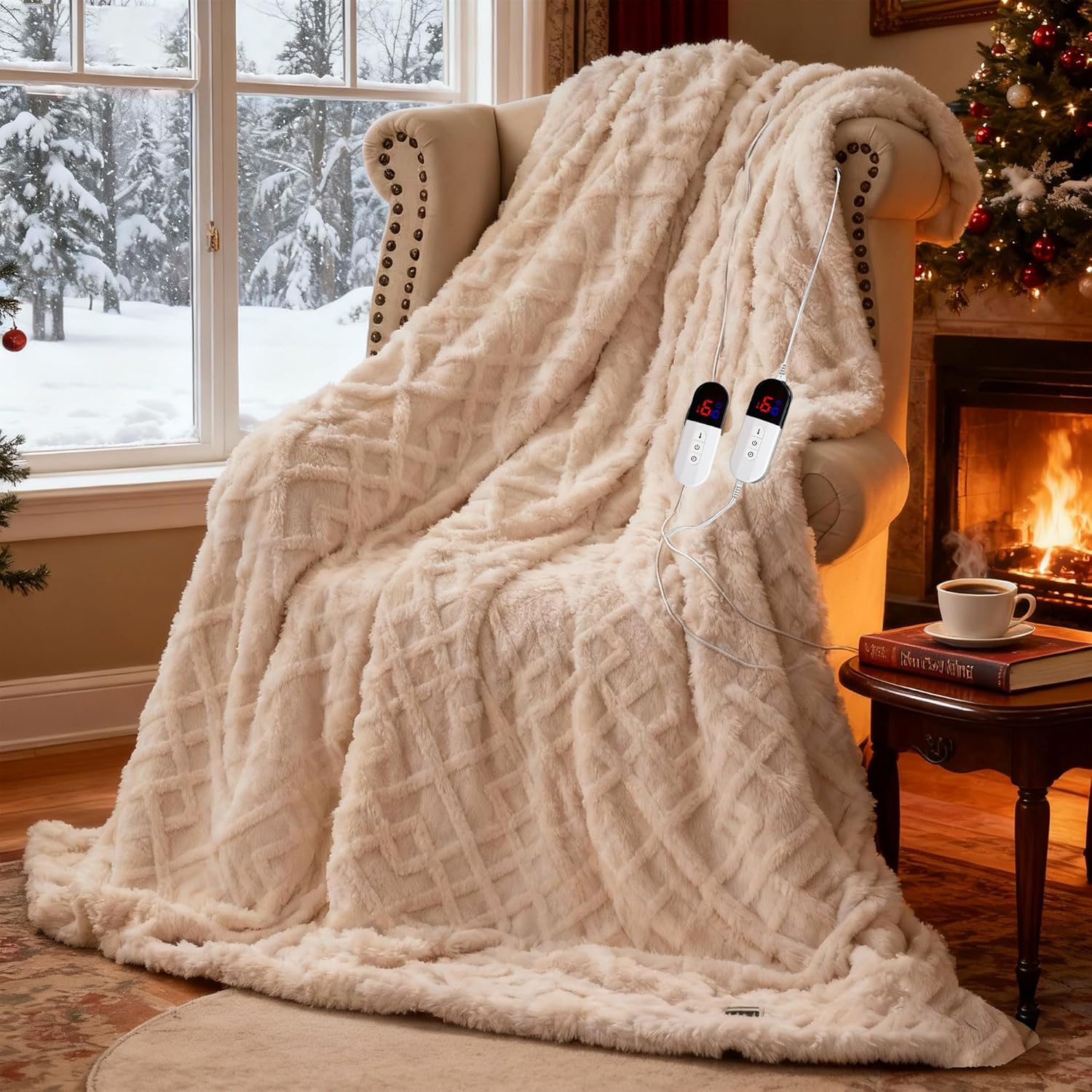 Heated Blanket King Size, Dual Control,Soft Faux Rabbit Fur Electric Blanket 90"x 100" with Overheat Protection, 6 Heating Levels & 10H Auto Off, ETL Certification(Cream)