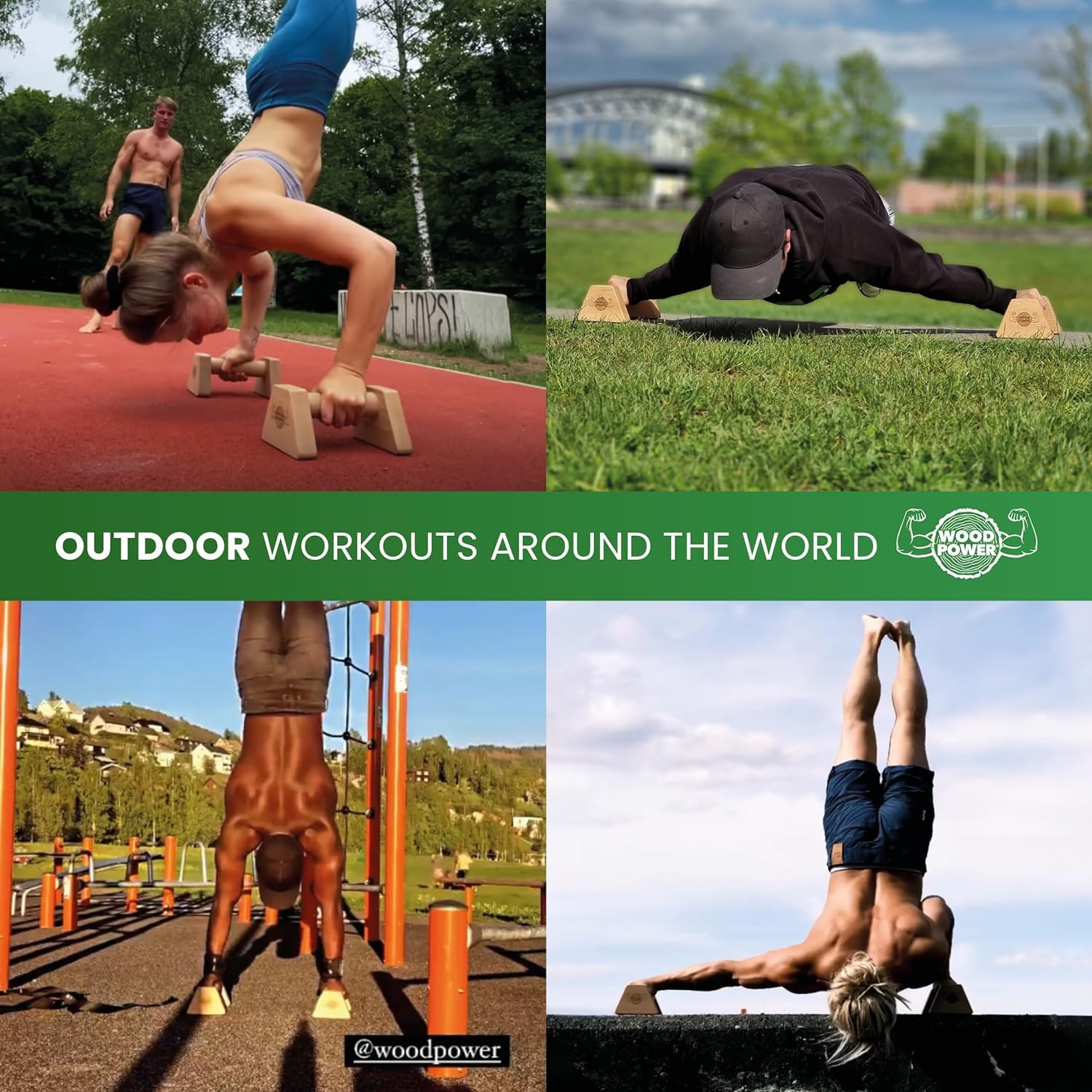 WOODPOWER® PowerBars Holz-Parallettes für Liegestütze, Liegestützgriffe Holz, Handstände, Yoga & Calisthenics, rutschfest, für Indoor & Outdoor, gelenkschonend, Körpergewichtstraining