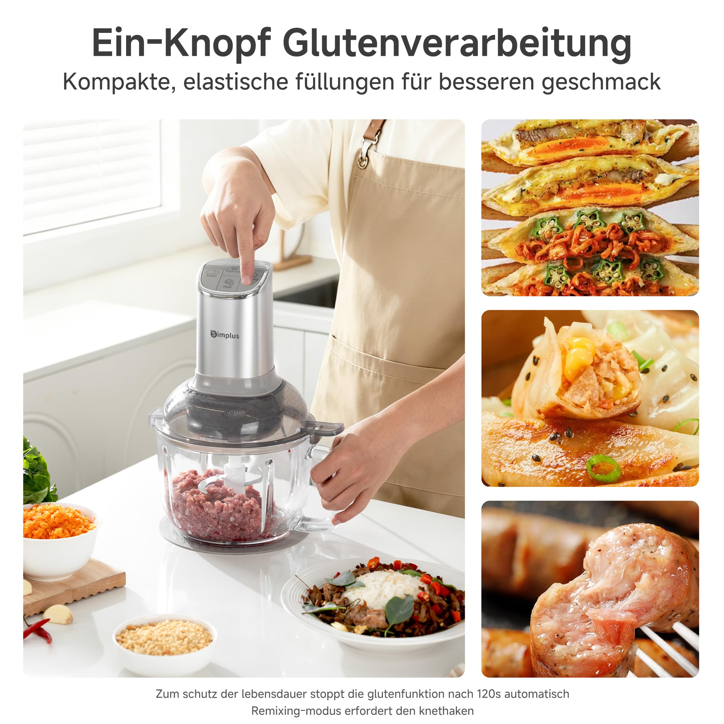 SIMPLUS Universalzerkleinerer mit Teigknetfunktion, 300W Elektrisch, 2.5L Glasbehälter, Multifunktion Küchenmaschine mit 4 Edelstahlklingen für Fleisch, Gemüse, Nüsse, Babybrei