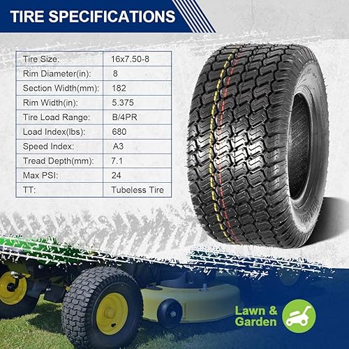 Miniatura 3 de MaxAuto Juego de 4 neumáticos de césped para cortacésped para carrito de golf de 16 x 7.50-8 delanteros y 23 x 10.5-12 traseros, neumático 4PR sin