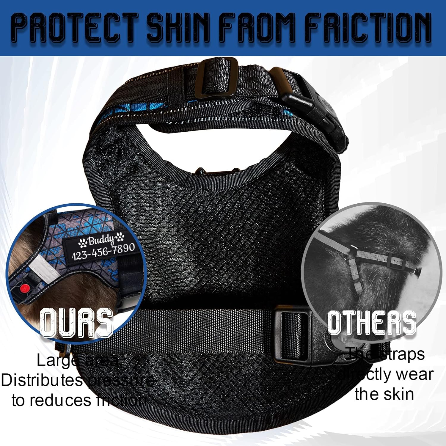 Custom No Pull Dog Harness with Name and Phone Number, Reflective Dog Harness for Small/Medium/Large Dogs no Pull, Adjustable Harness with Handle Breathable Soft Padded Vest 2 Buckles,Blue