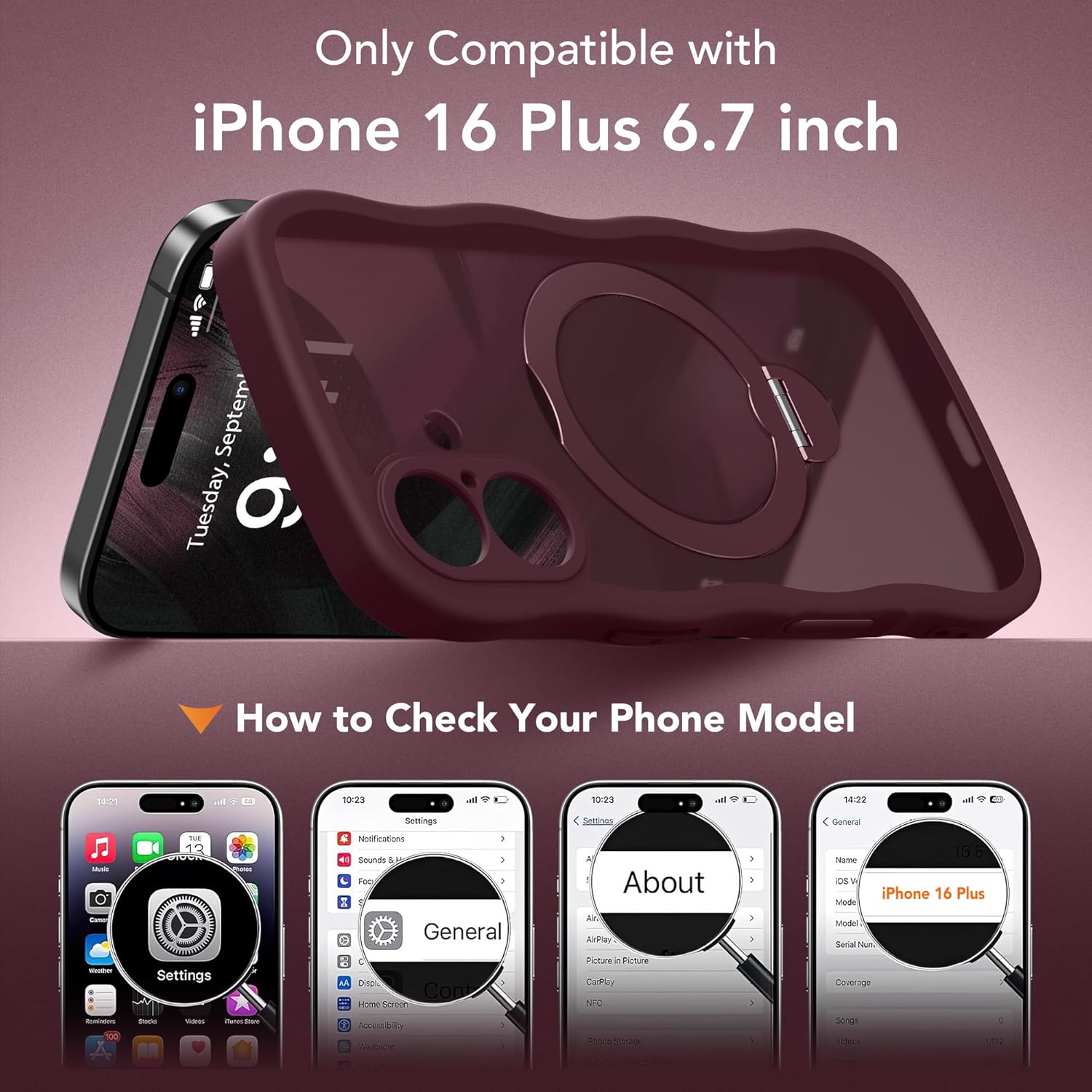 for iPhone 16 Plus Case,[Compatible with Magsafe][360° Spin Magnetic Stand][Military-Grade Protection][Camera Control][Cute Wave Edge]Translucent Matte Women Phone Cover for 16 Plus, Burgundy - Image 2