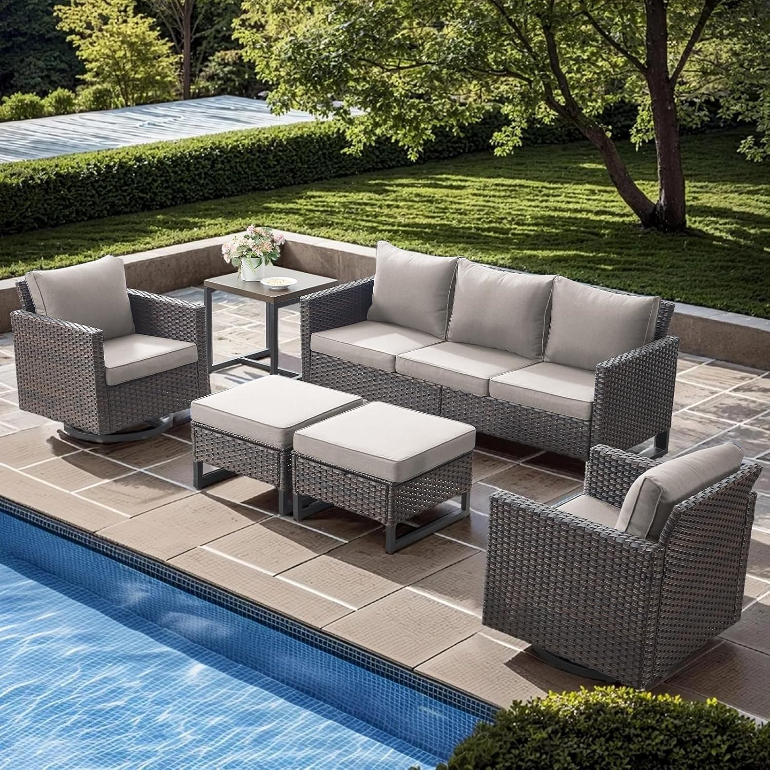 Wicker Patio Furniture Set: 6 Piece Outdoor Patio Furniture Set with Swivel Chairs, Includes 2 Swivel Patio Chairs, 1 Outdoor Couch, 1Side Table and 2 Ottoman, Brown/Beige
