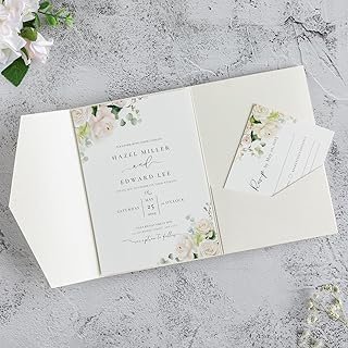 20 PCS Ivory Tri-fold Laser Cut Wedding Invitation Pockets for 5x7 Weddi...