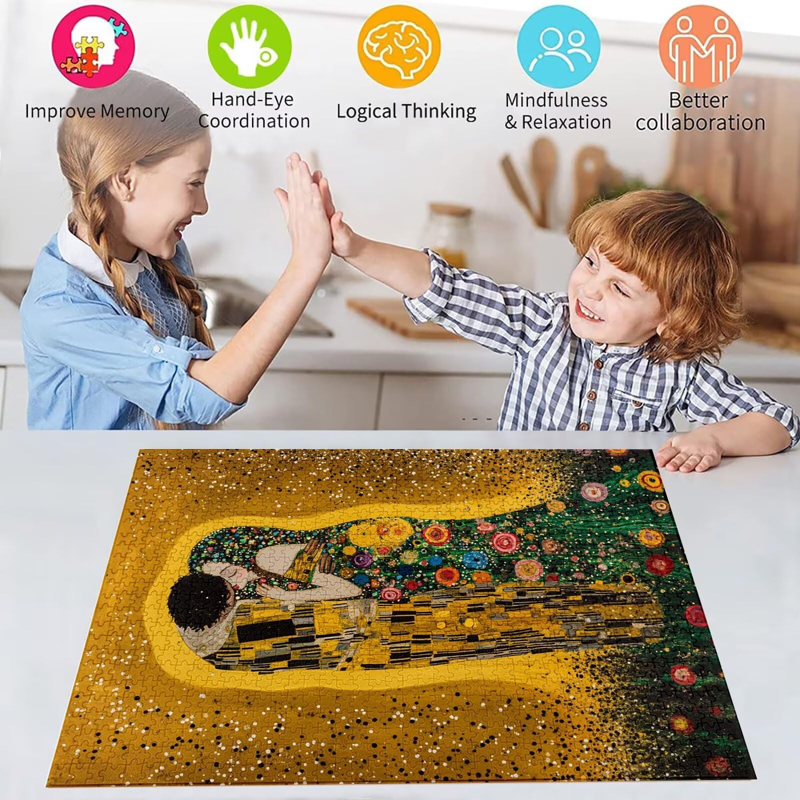 Puzzle 2000 Teile Klimt Puzzle Erwachsene, DIY Groß Puzzelmatten, Holzpuzzle für Erwachsene und Kinder ab 12 Jahren Wooden Jigsaw Paar Geschicklichkeitsspiel für Die Ganze Familie, Geschenke D-756