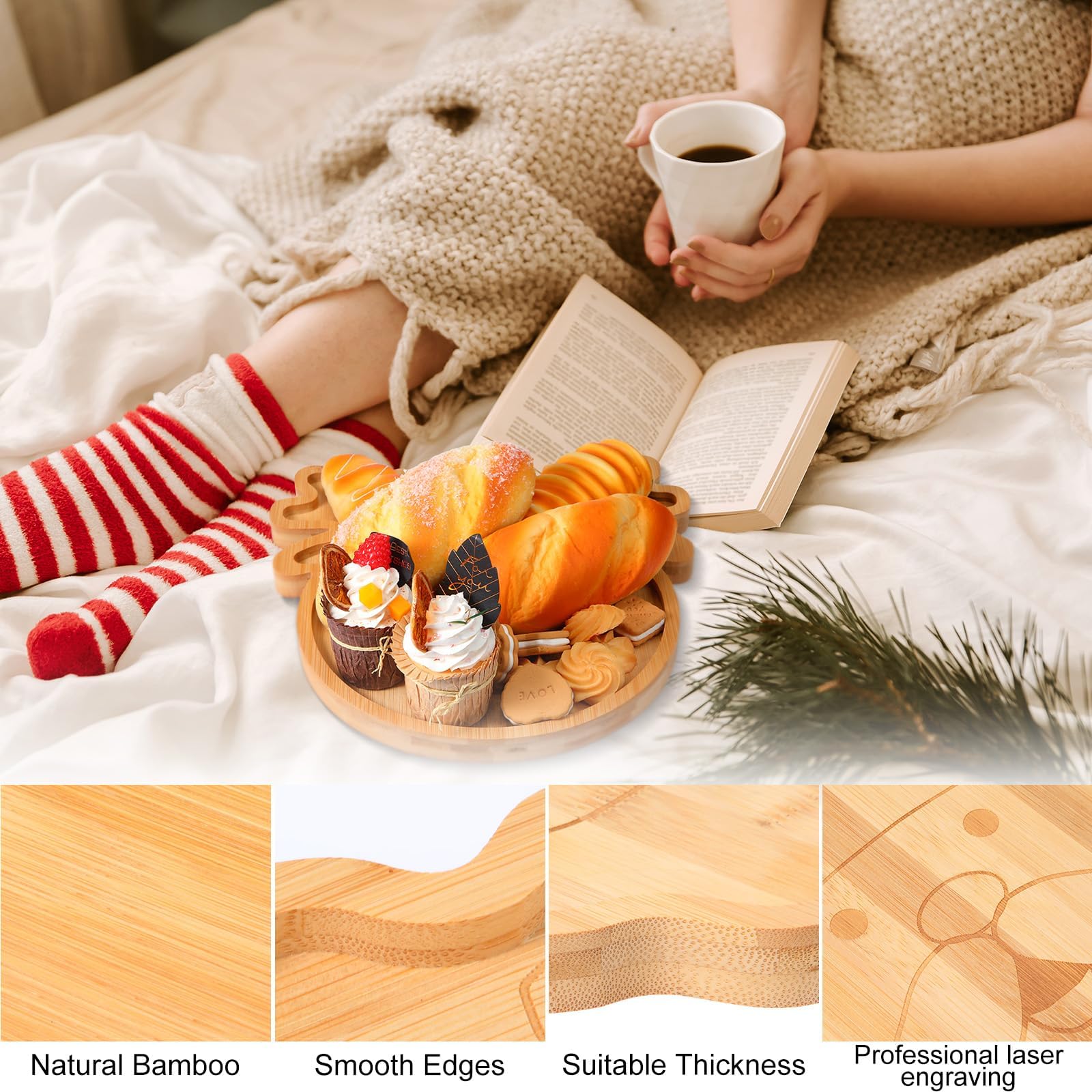 Linwnil Lot de 2 planches à charcuterie en bambou de 30 x 30 cm avec assiettes en carton de 17,8 cm et 22,9 cm – Motif Père Noël et élan, plateaux de service en bois naturel