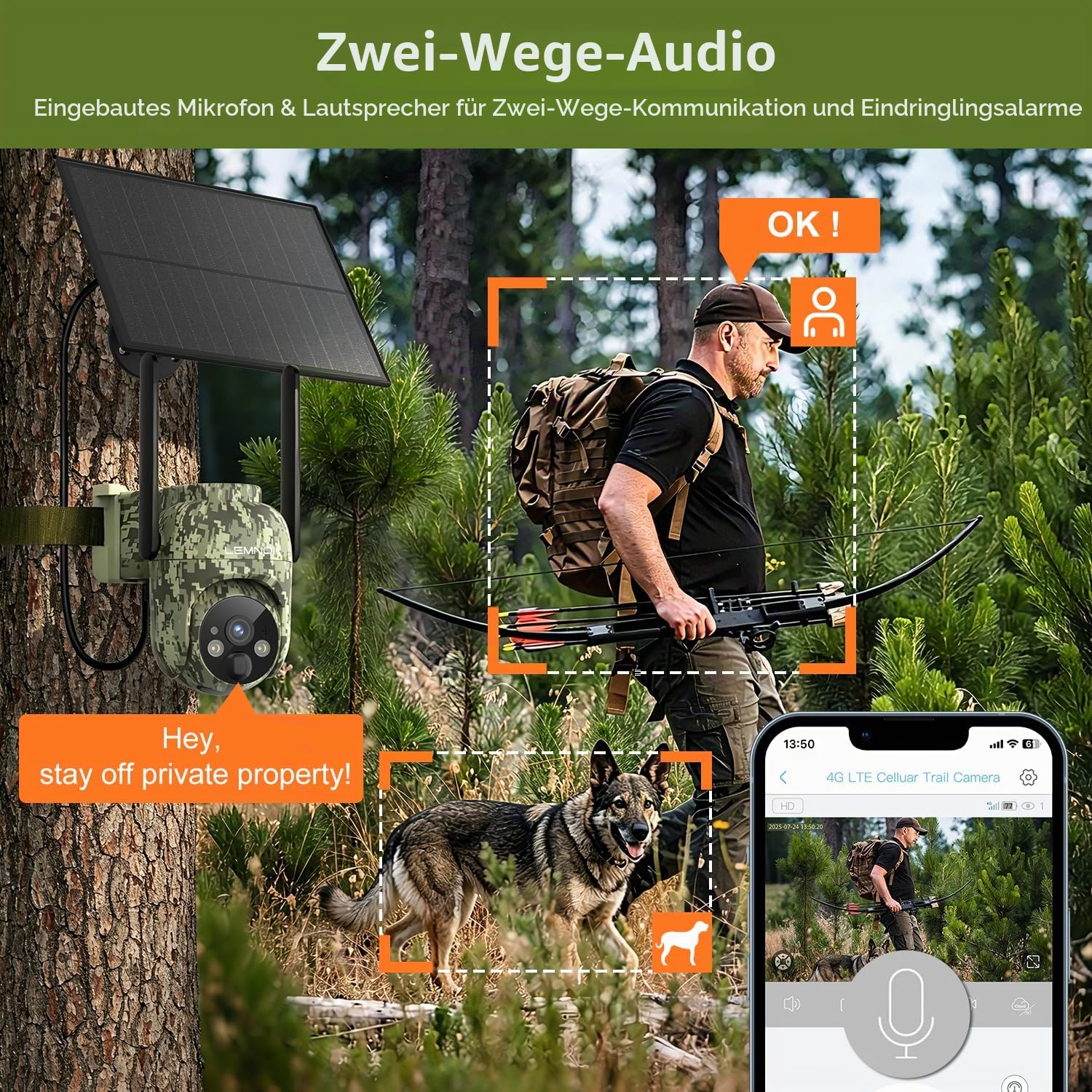 Lemnoi Solar Wildkamera Ohne WLAN, 4G LTE Überwachungskamera Aussen mit vorinstallierter SIM-Karte, 2K Akku Wildkamera mit Bewegungsmelder, Farbnachtsicht, Solarpanel, IP66 wasserdicht
