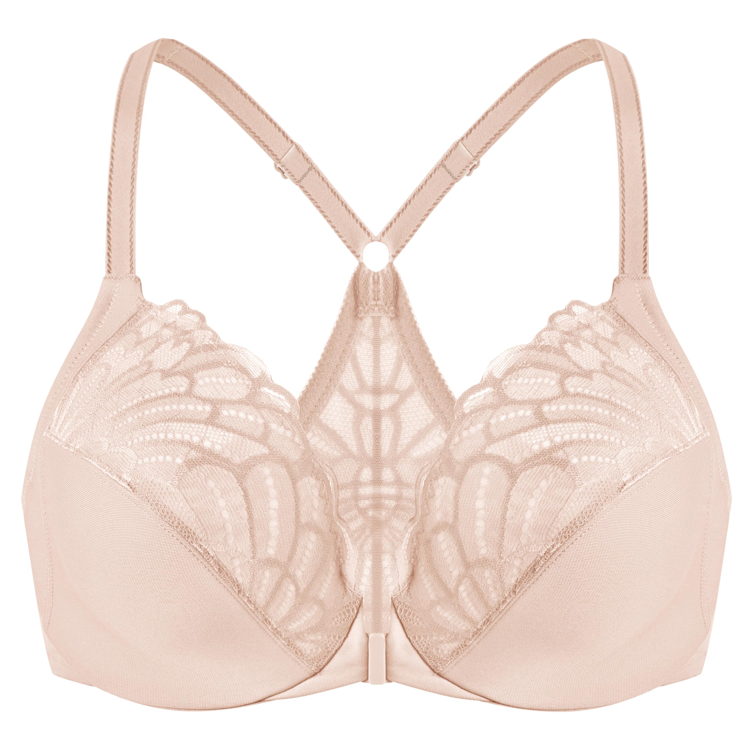 Meleneca Women's Beige Front Fastening Racerback Plus Size Stretch Lace Underwire Unlined Bras 46E
