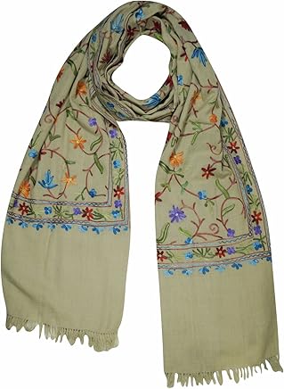 Mogul Women Kashmiri Shawl Woolen Crewel Floral Embroidered Ari Work Scarves Stole Wrap (Beige 1)