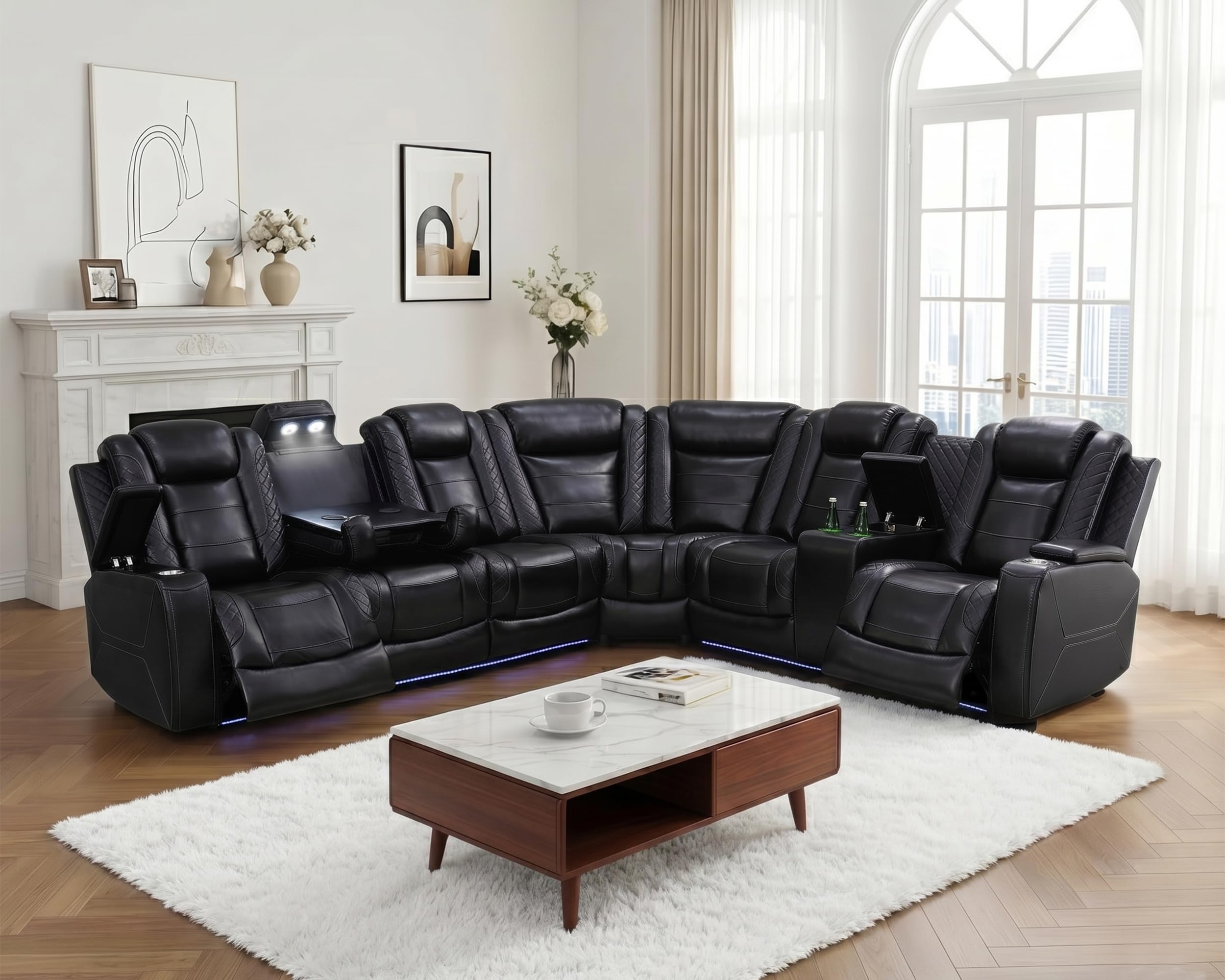 Ocstta Breathing Leather Reclining Sectional Sofa with LED Upgraded