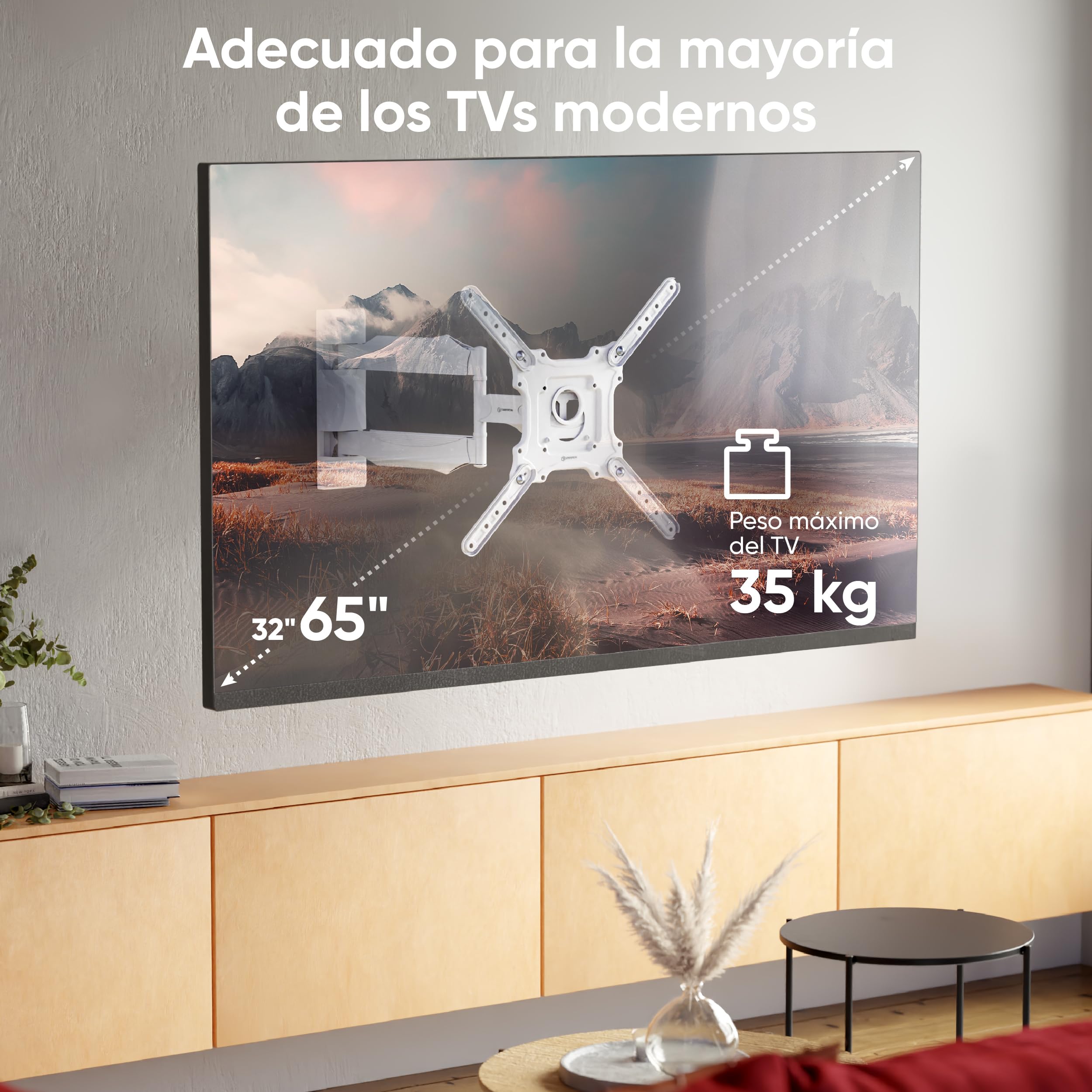 ONKRON Soporte Television Pared 32-65 Pulgadas, hasta 35 kg, VESA 100x100-400x400 mm, Soporte TV Pared Inclinable y Giratorio, Colgar TV Universal, Articulado, Blanco M4-W
