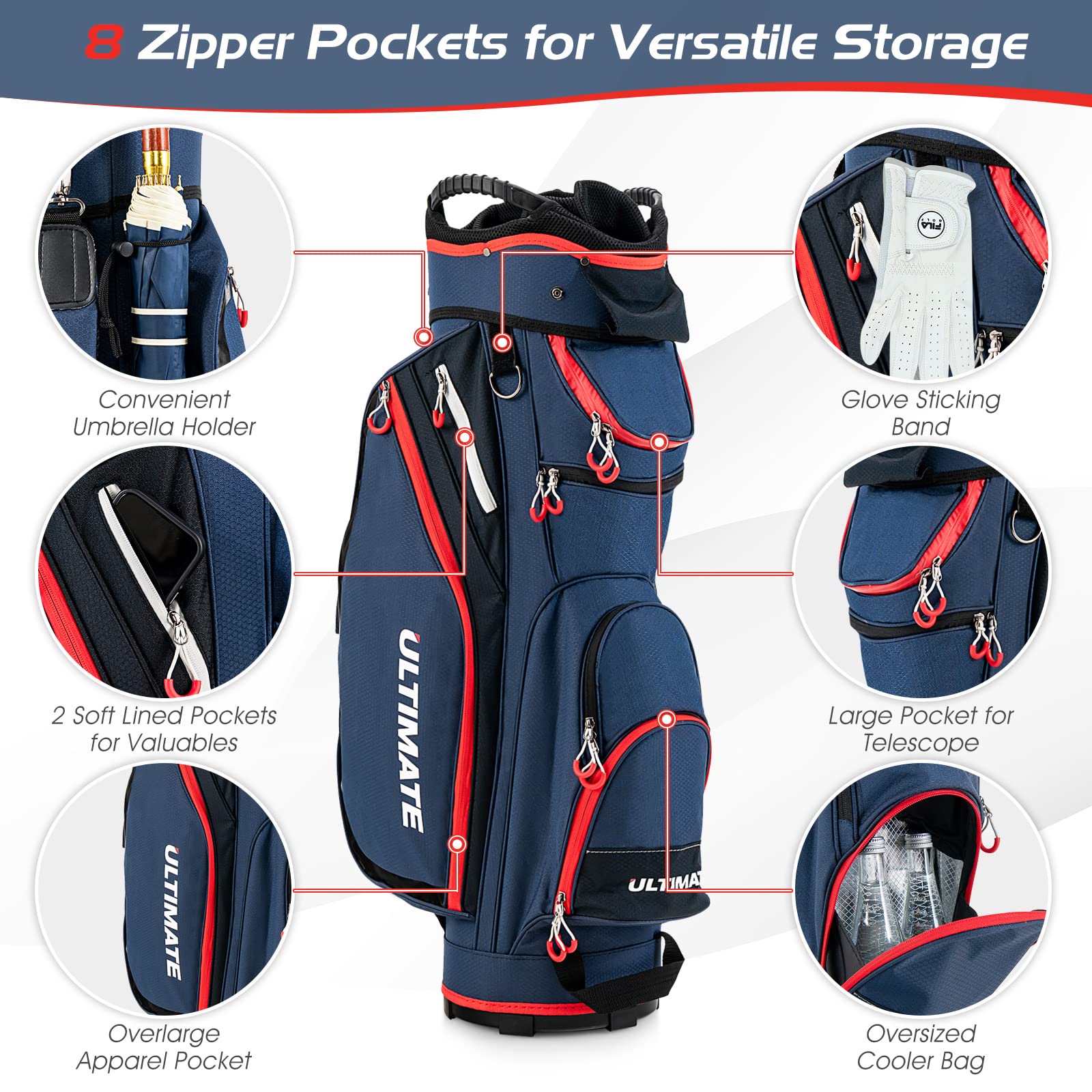 LIFEZEAL Sac Trépied Golf avec Double Sangle, Housse de Pluie, 14 Compartiments et 8 Poches, Sac de Club de Golf Voyage avec Sac Thermique à Fermeture