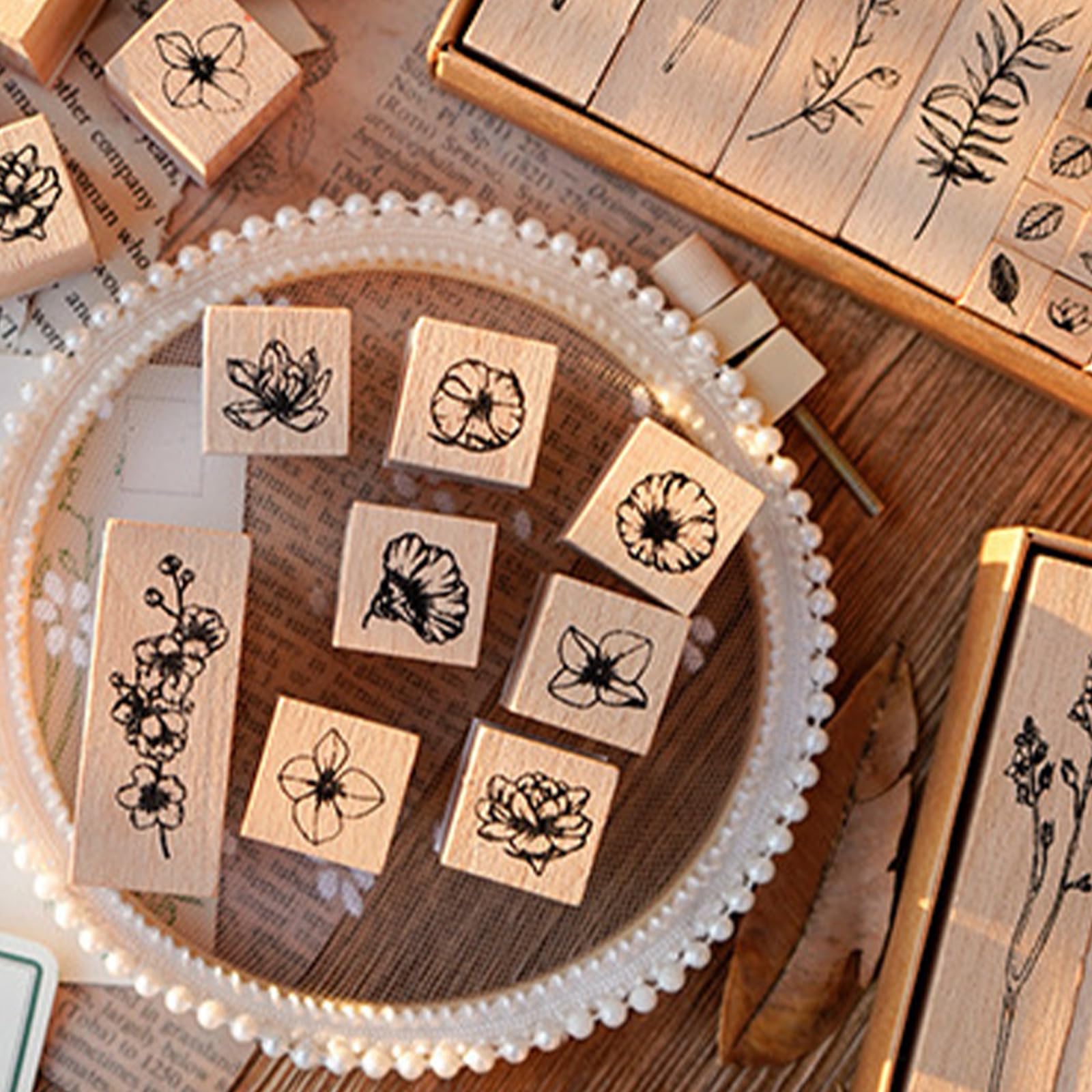Timbri in Legno Fiori 22 Pezzi, Set di Timbri Decorativi per Scrapbooking