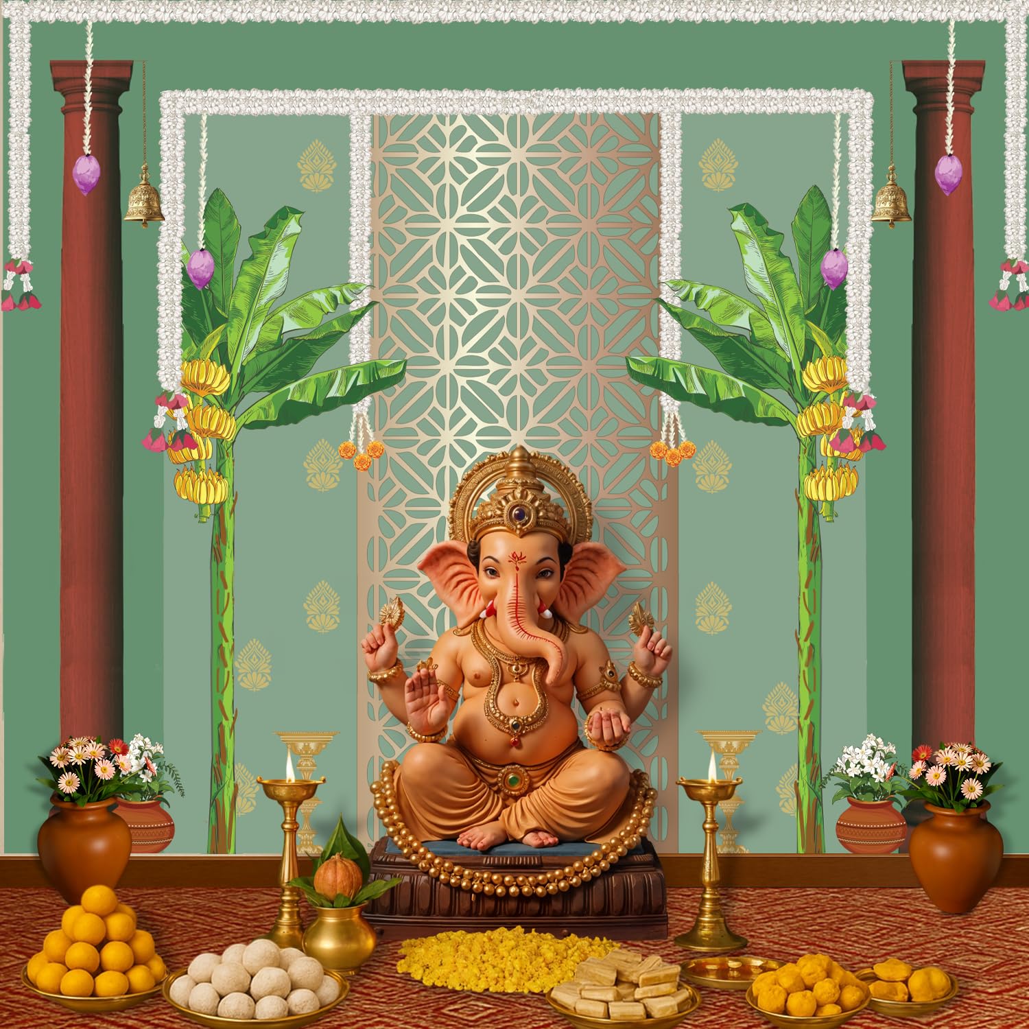 Party Propz Mandala Print Background Decorations Item - 1pc (8 * 5ft) Diwali Decoration for Home Decor, Navratri Decoration Items, Backdrop Cloth for Decorations Pooja (Cloth Banner) - Image 6 thumbnail