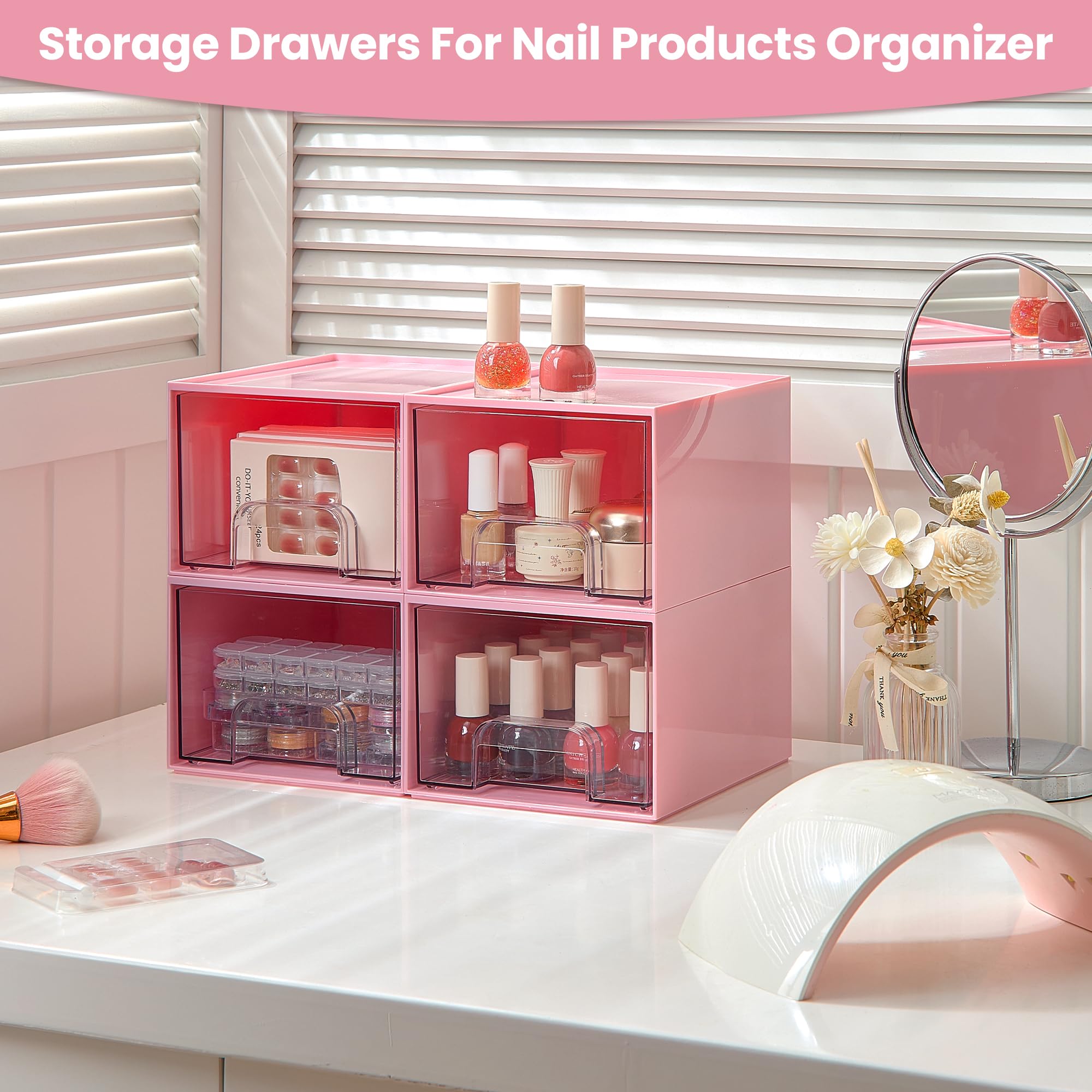 Vtopmart 4er-Set Kleine Stackable Storage Drawers, Acrylic Organiser, Aufbewahrung und Organisation for Dresser, Bathroom, Kosmetik, Küche, Vorratsschrank（Rosa）