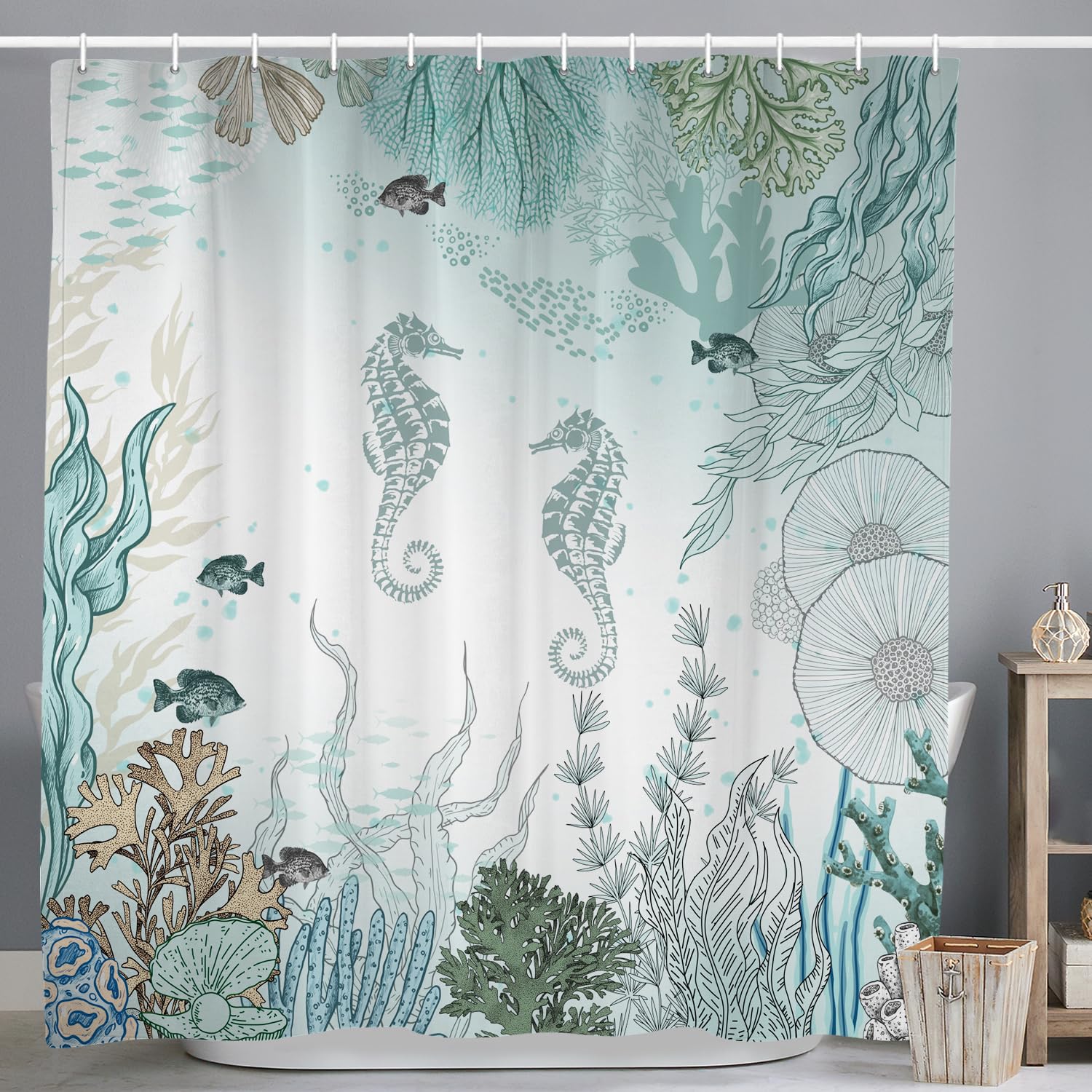 ASDCXZ Maritim Shower Curtain 150x180 cm, Blue Marine Animals Hippocampus Fish Coral Maritime Nautical Washable Shower Curtains Polyester Textile Waterproof Bath Curtain for Bathtub with 10 Hooks โ image 1