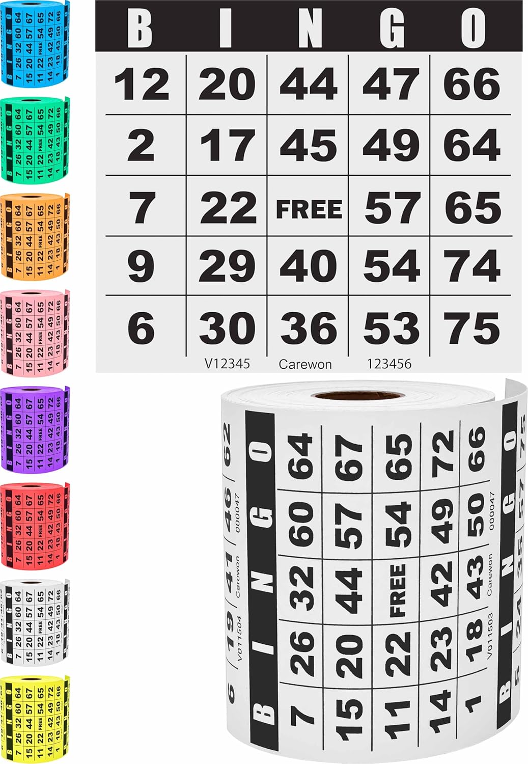 250 Bingo Cards, Large 4.5" x 4.5", White (1 of 8 Colors), Paper Bingo Sheets, Disposable or Reusable for Daubers or Chips