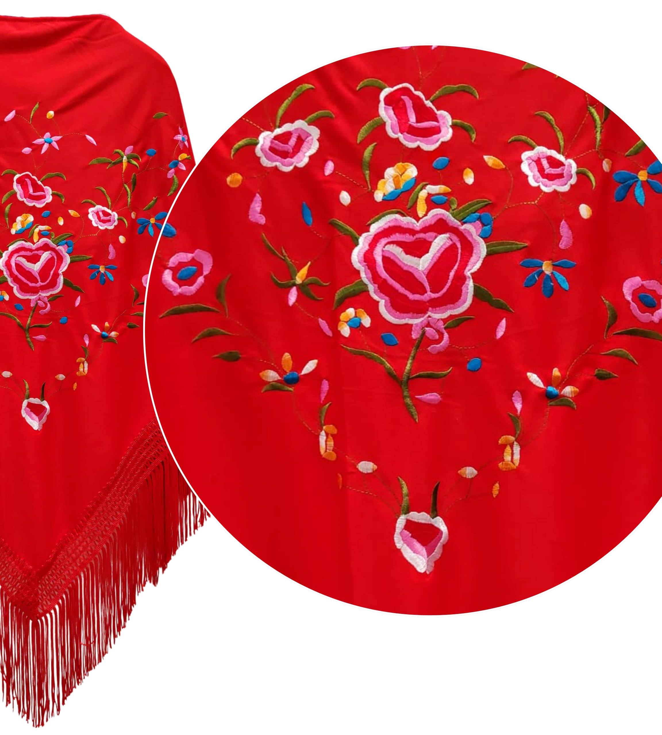 Mantón de Manila con Accesorios: Mantón de Manila con Flores Bordadas, Pinza Pelo Flor, Collar, Pulsera y Pendientes Flamencos y Pulsera de Tela.