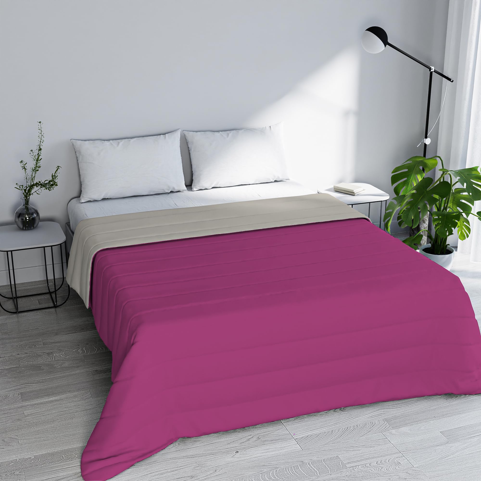 Italian Bed Linen Colcha de Verano Basic Color Liso, Fucsia/Gris Claro, 250x240cm