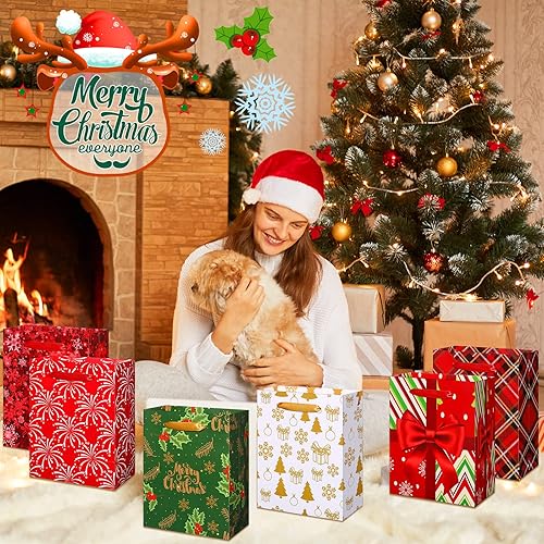 Miniatura 6 de Hillban 12 bolsas de regalo medianas de Navidad con asas de cinta, bolsas a granel de Navidad con impresiones de Navidad, bolsas de golosinas de