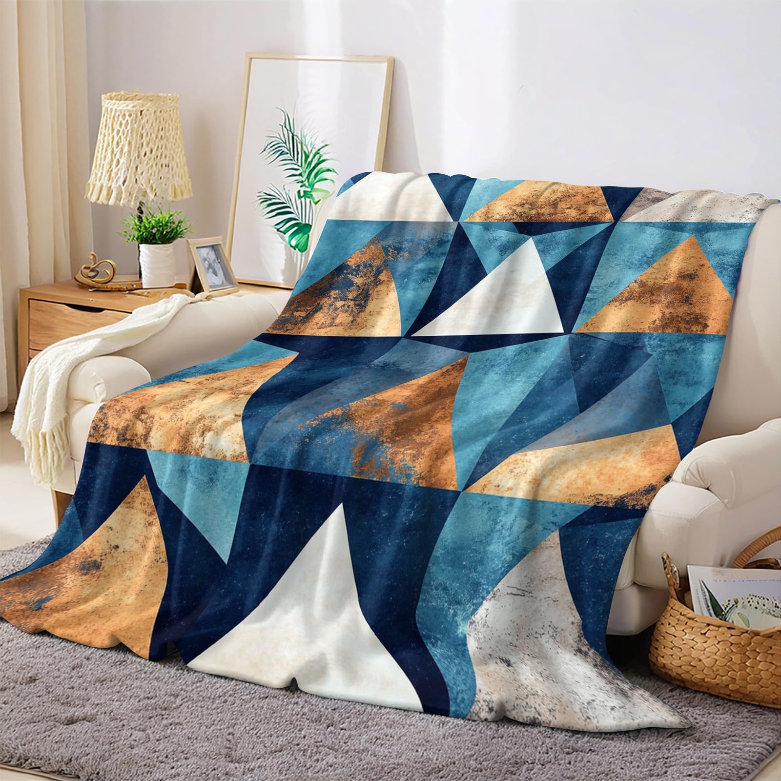 Coperta Modelli geometrici astratti 220 x 240 cm Stampa Plaid Pile Flanella Morbida Calda Coperta Soffice per Divano Camera da Letto Ufficio e Viaggi, blu