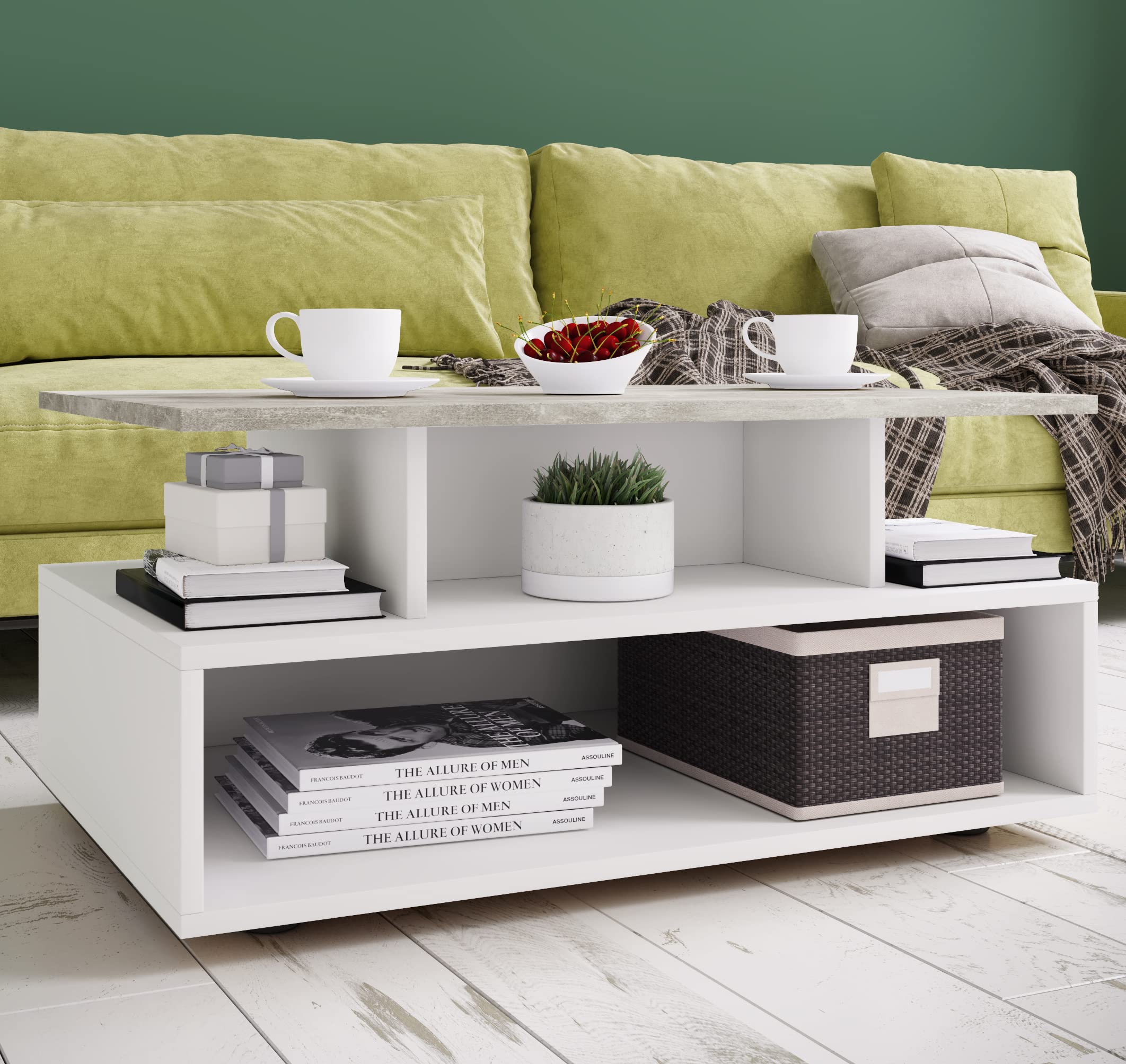 VCM Holz Couchtisch | Sofatisch mit ausreichend Stauraum | Maße ca. H. 40 x B. 80 x T. 50 cm | Wohnzimmertisch - Esila Weiß/Beton-Optik
