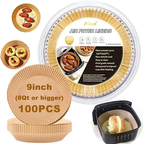 Vista 8 de Ailun Forros de papel desechables para freidora de aire de 6.5 pulgadas, 100 unidades de papel pergamino antiadherente, resistente al aceite, papel