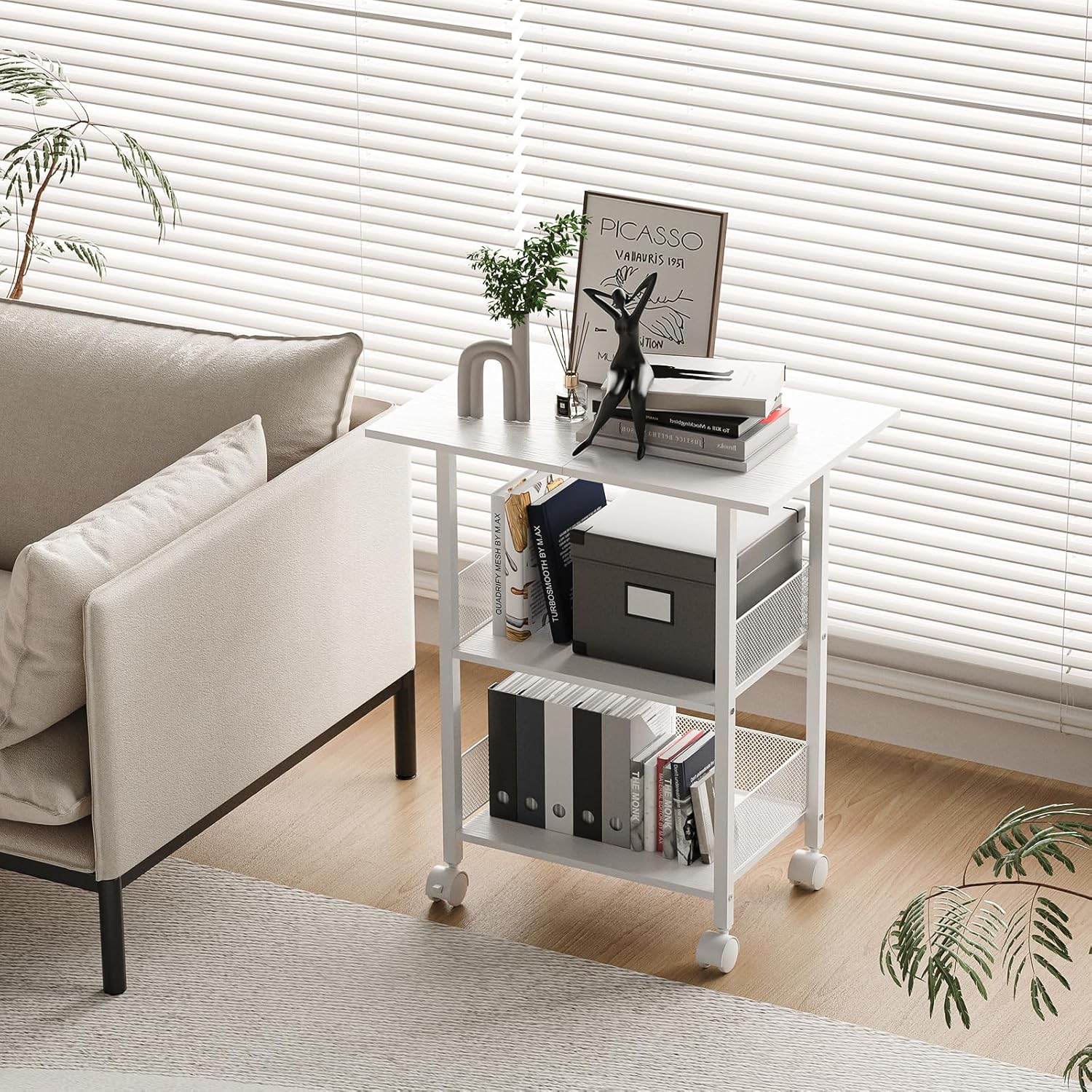 Printer Stand, 3-Tier Industrial Large Printer Table with Shelf, 23"x15" Mobile Heavy Duty Storage Rack on Wheels for Home Office Printer Fax Machine Scanner Copier, White