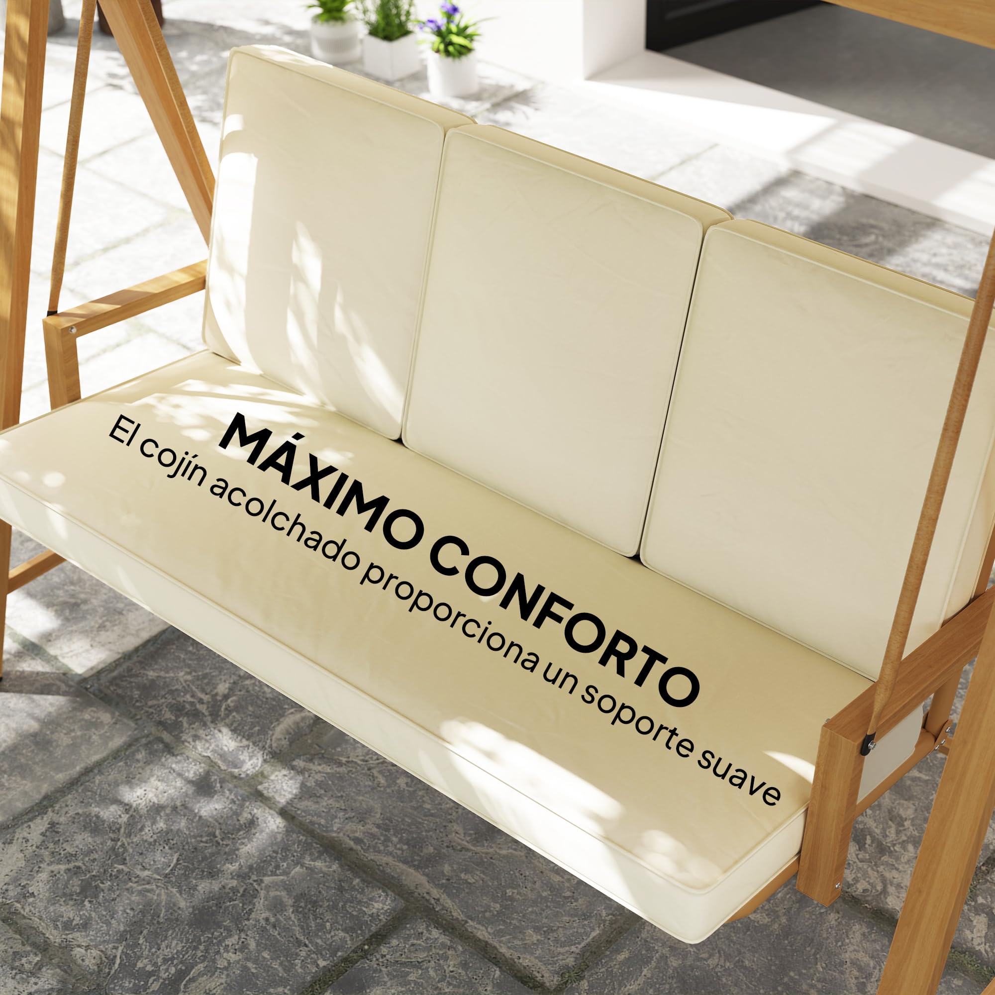 Outsunny Balancín de Jardín Exterior con Toldo Ajustable de 3 Plazas Columpio de Jardín Exterior con Cojines y Estructura con Veta de Madera Carga 330 kg 195x120x170 cm Beige