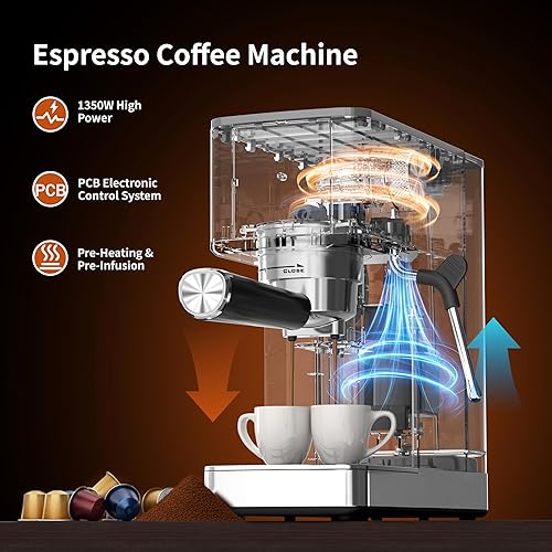 Miniatura 6 de Kismile Máquina de café expreso con espumador de leche, cafetera compacta de acero inoxidable de 20 bares con embudo de cápsulas, tanque de agua