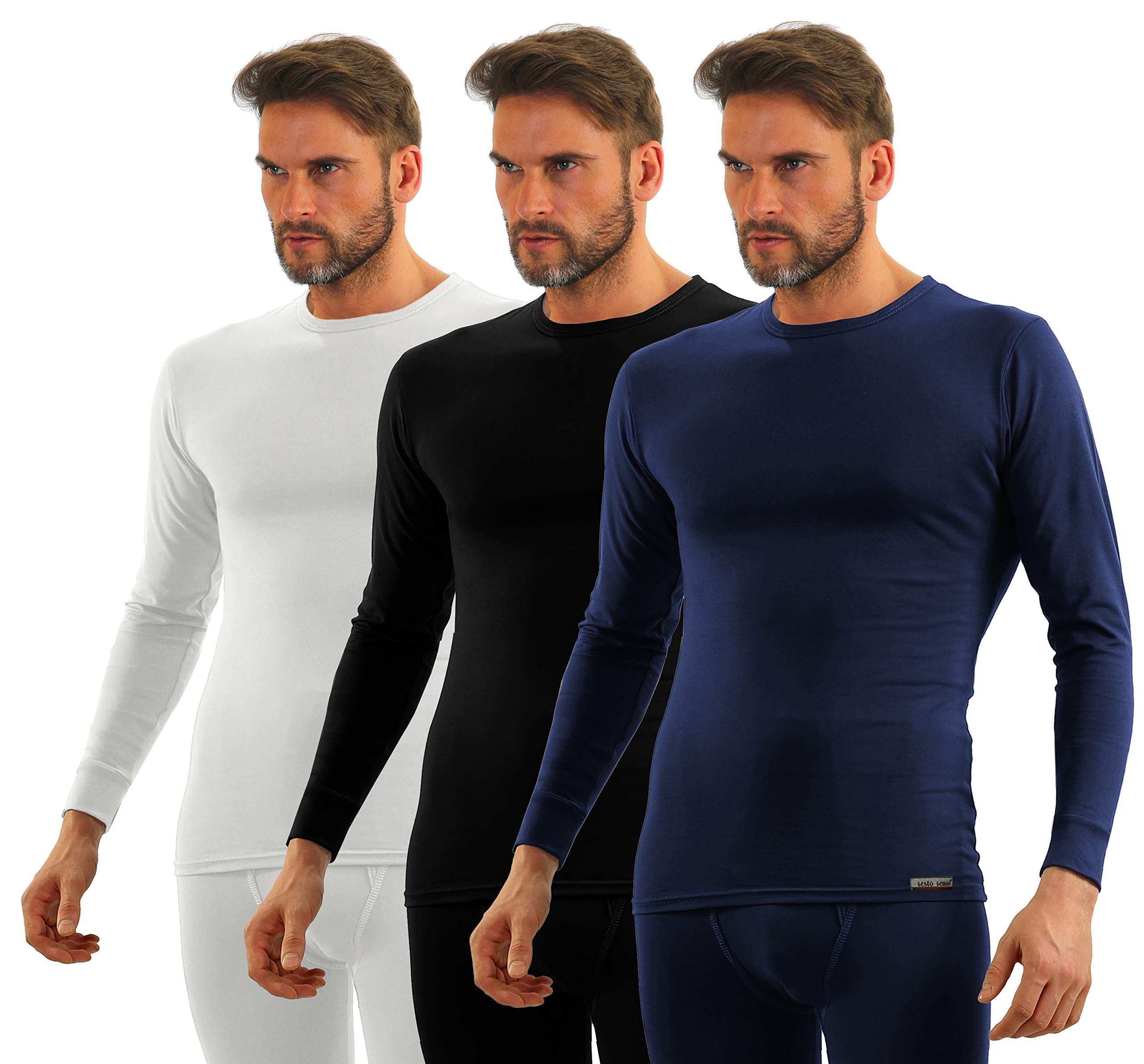 sesto senso Maglia Intima Uomo Lunga Pacco da 3 Cotone T-Shirt Termica Funzionale Biancheria Maniche Lunghe S 3 Wh Bl Blu