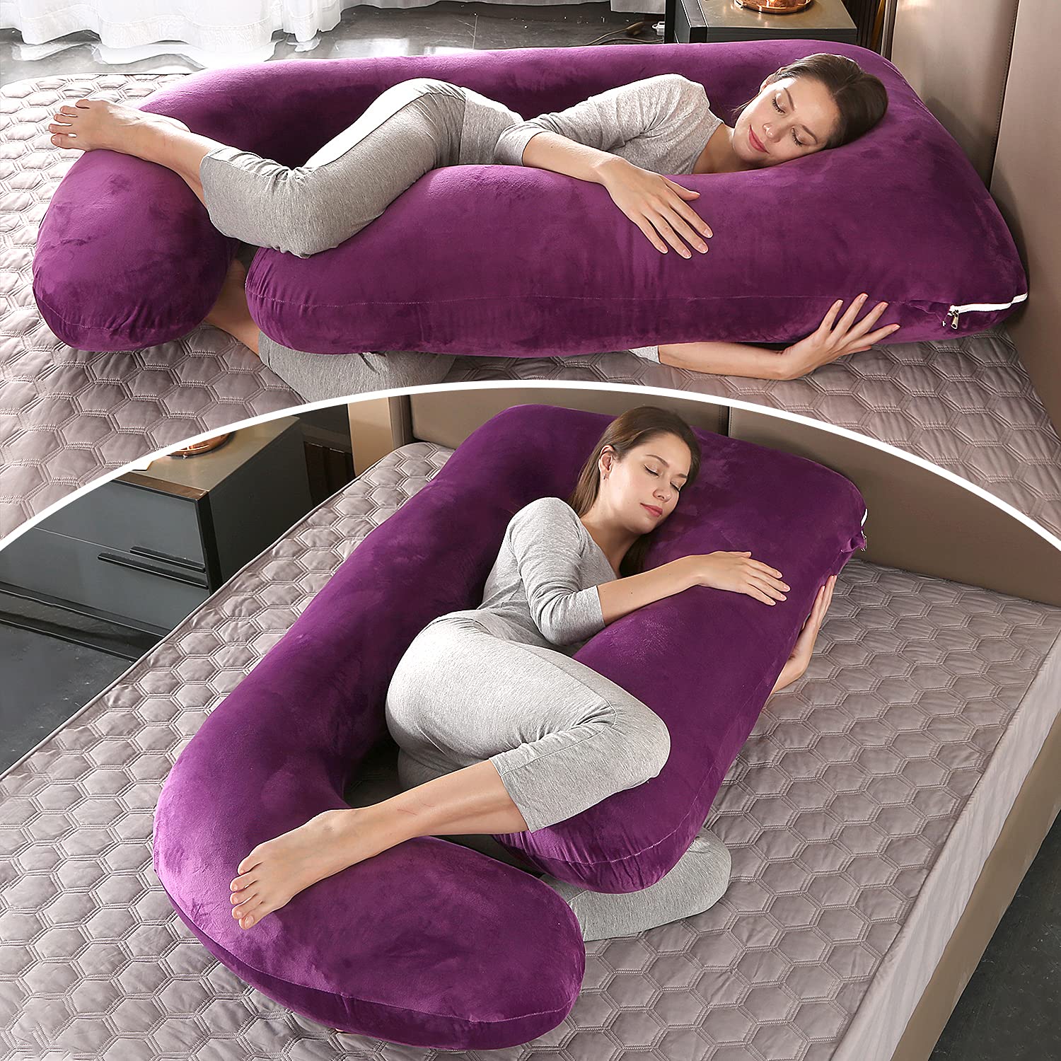 Elover Almohadas de embarazo, almohada de cuerpo completo en forma de U para apoyo al dormir, almohada de maternidad de 57 pulgadas para mujeres embarazadas con funda extraíble (terciopelo, morado