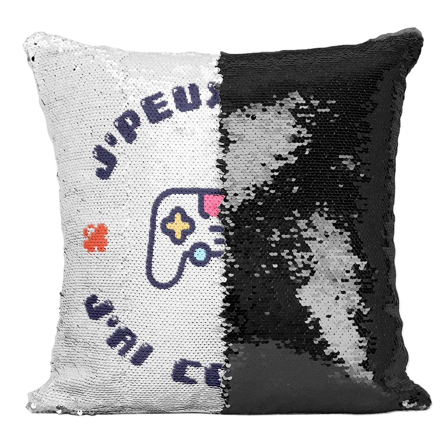 Coussin Sequin Paillettes Noir J'Peux Pas J'Ai Console cadeau idéal pour anniversaire de gamer