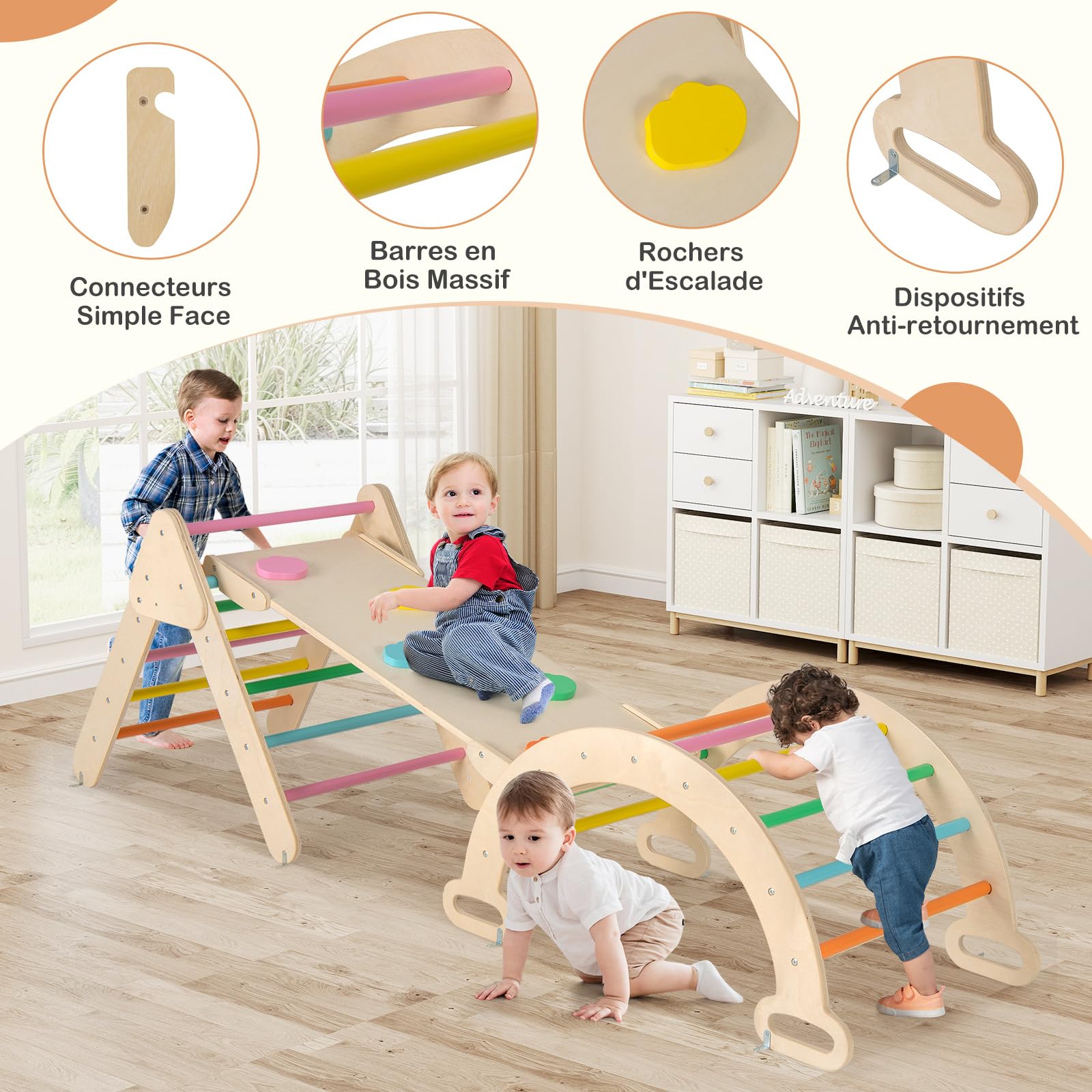 Arche D'escalade Montessori 7-en-1 GOPLUS - Triangle, Toboggan, échelle Réglable - En Bois Pour Enfants 1+ An