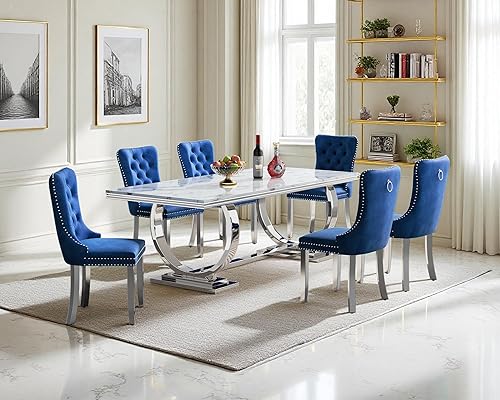 Miniatura 18 de Juego de mesa de comedor de 7 piezas, color blanco y plateado, mesa de cocina moderna de mármol sintético de 68 pulgadas con 6 sillas tapizadas Mesa