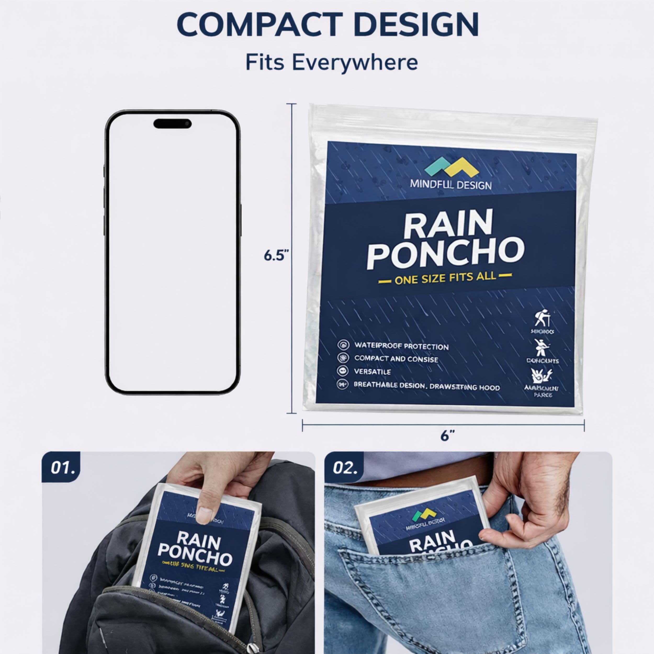 Mindful Design Ponchos de lluvia con capucha con cordón (paquete de 4) desechables de emergencia para adultos