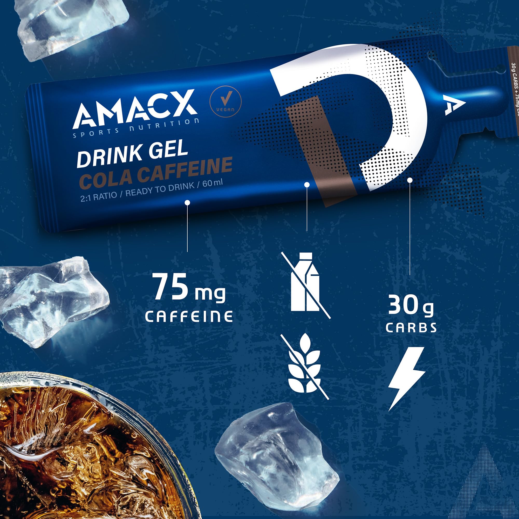 AMACX Energy Gel mit 30g Kohlenhydrate und Caffeine – 12er Pack – Elektrolyte für intensives Training – 200mg Natrium pro Energiegel – Sport Gel mit Maltodextrin – Cola/Koffein
