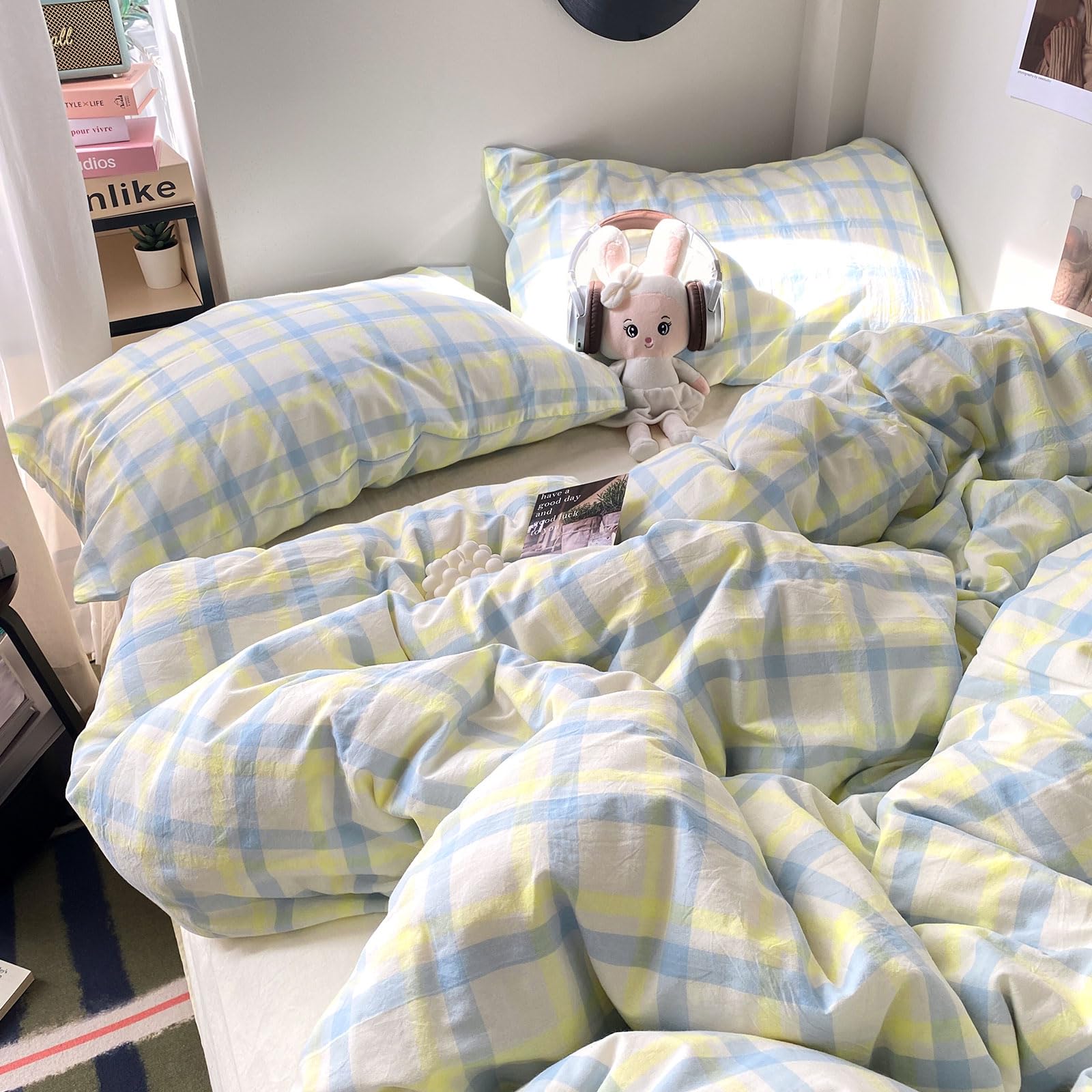 EAVD Buffalo Plaid Duvet Cover Queen Soft Washed Cotton Bedding Set Yellow Blue Grid Checkered Bedding Set with 2 Pillowcases Vintage Style Gingham Duvet Cover with Zipper Closure