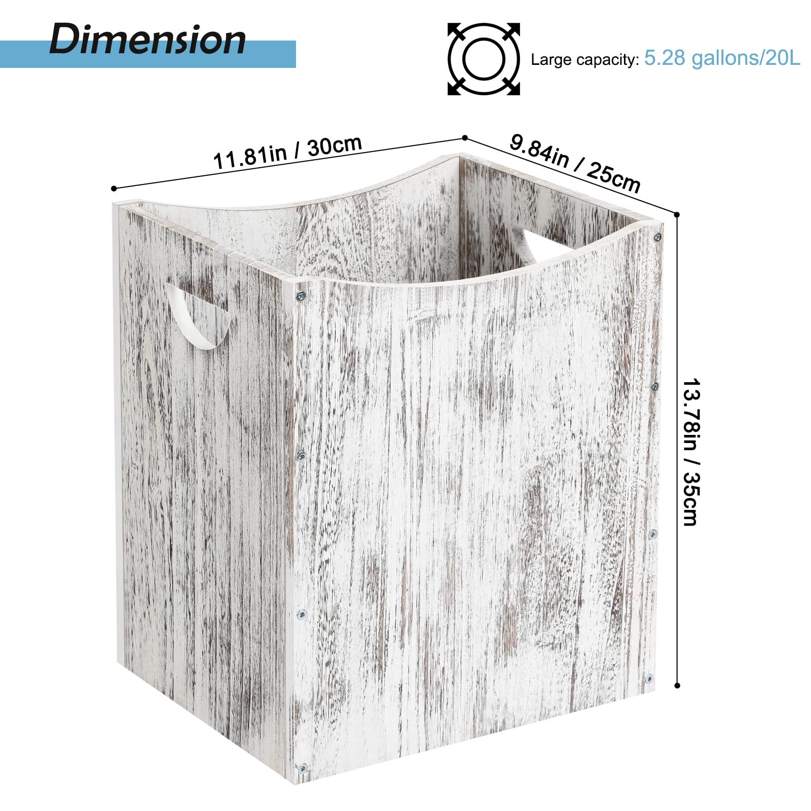 Rustic Waste Basket Set 2 Pack Wood Trash Can Farmhouse Style Wastebasket, 5.28 Gallon Garbage Bin with Handle for Bathroom Kitchen Living Room Bedroom, Office Trash Can Rustic White