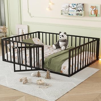 Bellemave Full Size Floor Bed with Fence and Door, Heavy Duty Metal Montessori Floor Bed with Rails, Low-Profile Montessori Beds, Black