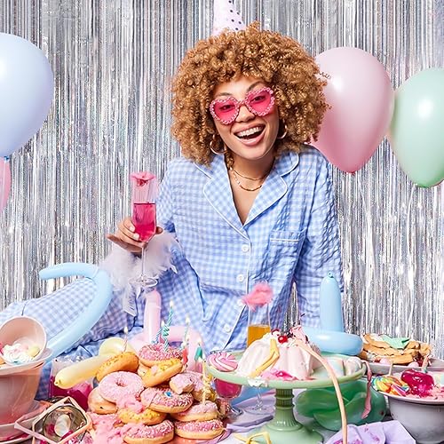 Miniatura 4 de Cortinas de flecos de oropel metálico plateado, paquete de 2 cortinas de 3.3 x 8.3 pies para decoración de fiesta de cumpleaños, decoración de