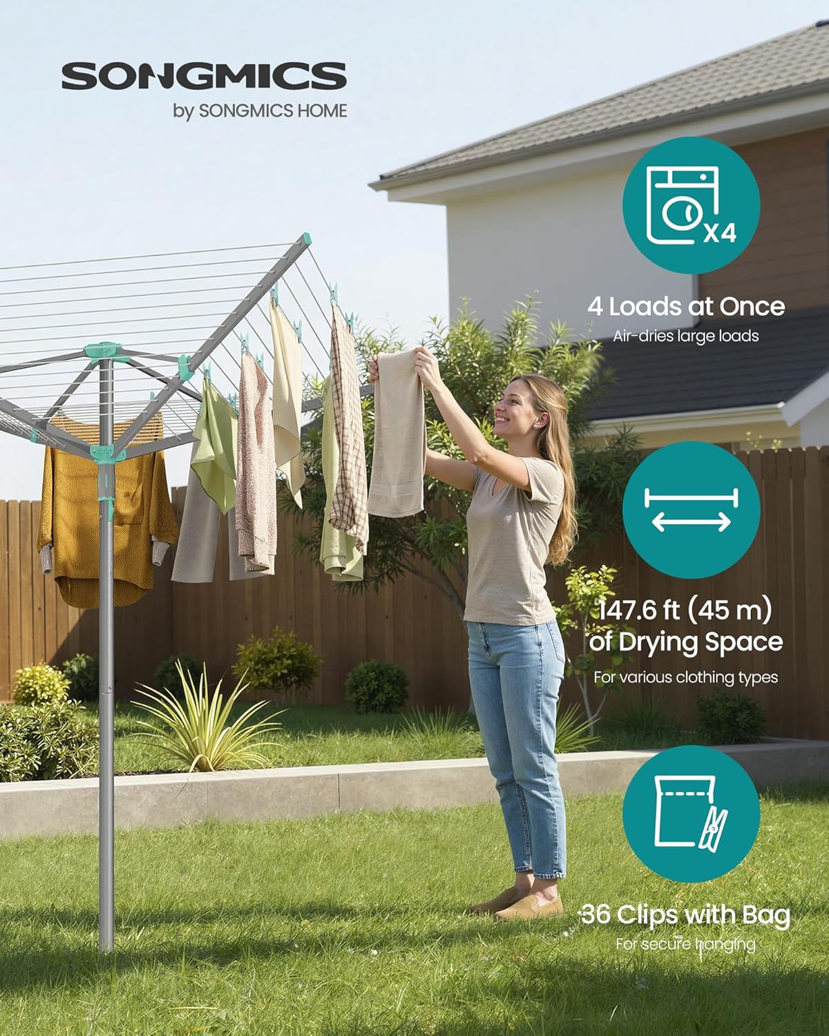 SONGMICS Umbrella Clothesline, Rotary Washing Line, Foldable Heavy-Duty Outdoor Clothes Drying Rack with Clips, Cover, Ground Anchor, 147.6 ft (45 m) Long for 4 Loads of Laundry, Silver ULLR306EZ01