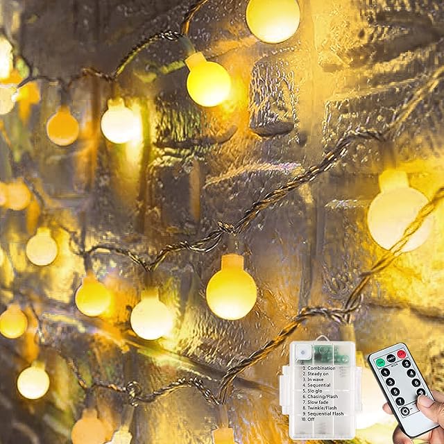 Globe String Lights Outdoor, 60 LED 8M/28Ft Fairy Lights, 8 Modes String Lights Battery Powered Waterproof, Fairy Lights for Bedroom, Garden, Yard, Party, Festival, Christmas Decoration (Warm White) 