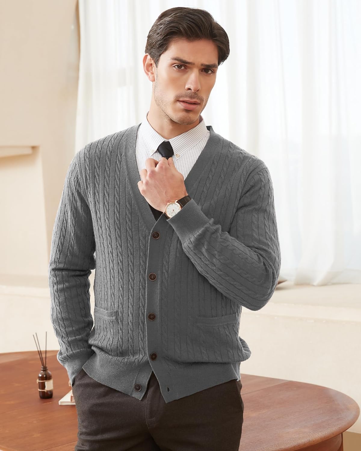 Kallspin Men's Cardigan Sweater Wool Blend Cable Knit V Neck Buttons Cardigan with Pockets - Image 2