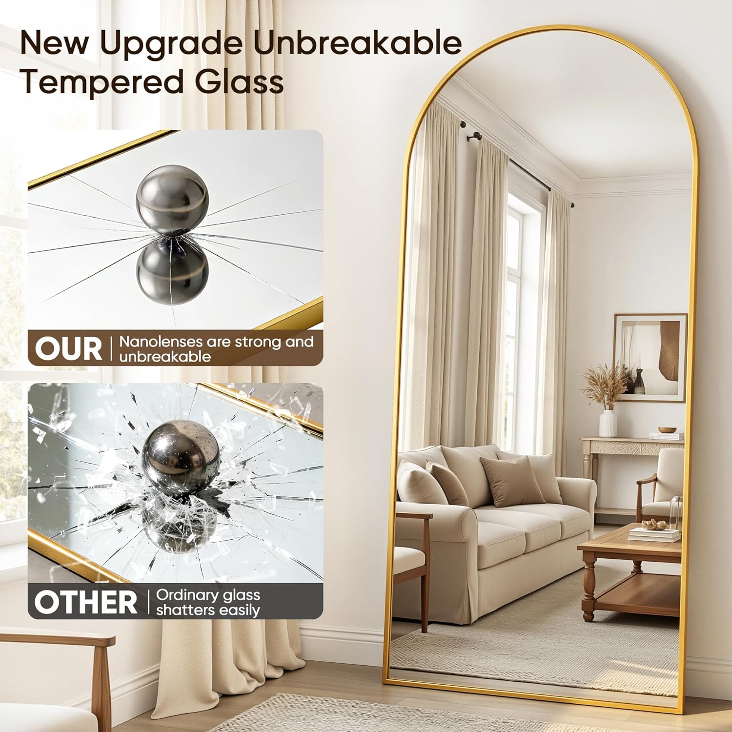 Antok Full Length Mirror, 58"x18" Floor Mirror with Stand, Hanging Mounted Mirrors for Bedroom, Living Room, Cloakroom, Dining Room, Gold, Arched